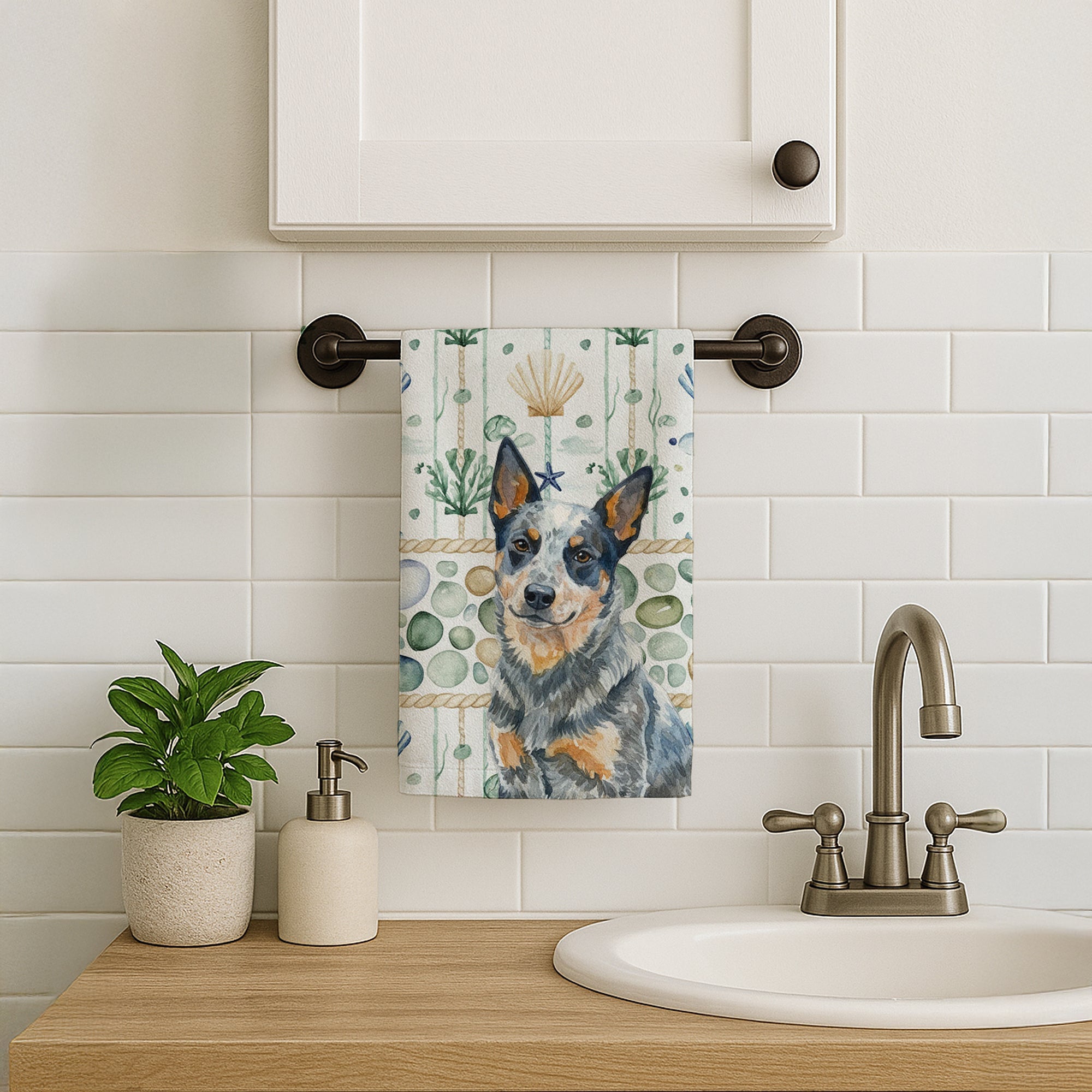 Blue Heeler Australian Cattle Dog Coastal Sea Glass Kitchen Towel Velour Plush Front and Cotton Loop Back Machine Washable