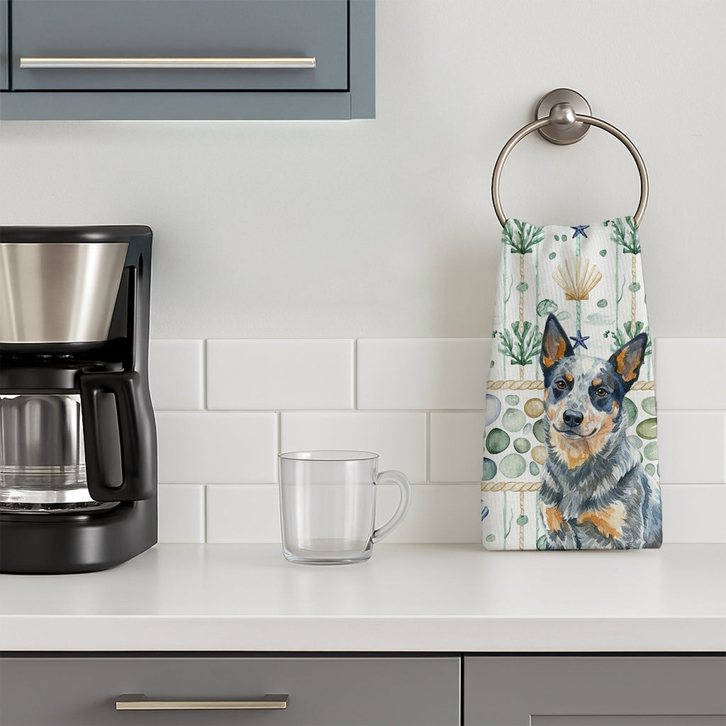 Blue Heeler Australian Cattle Dog Coastal Sea Glass Kitchen Towel Velour Plush Front and Cotton Loop Back Machine Washable