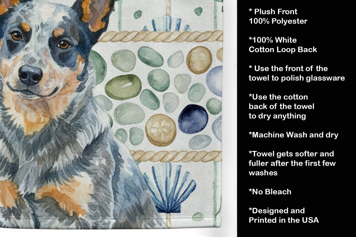 Blue Heeler Australian Cattle Dog Coastal Sea Glass Kitchen Towel Velour Plush Front and Cotton Loop Back Machine Washable