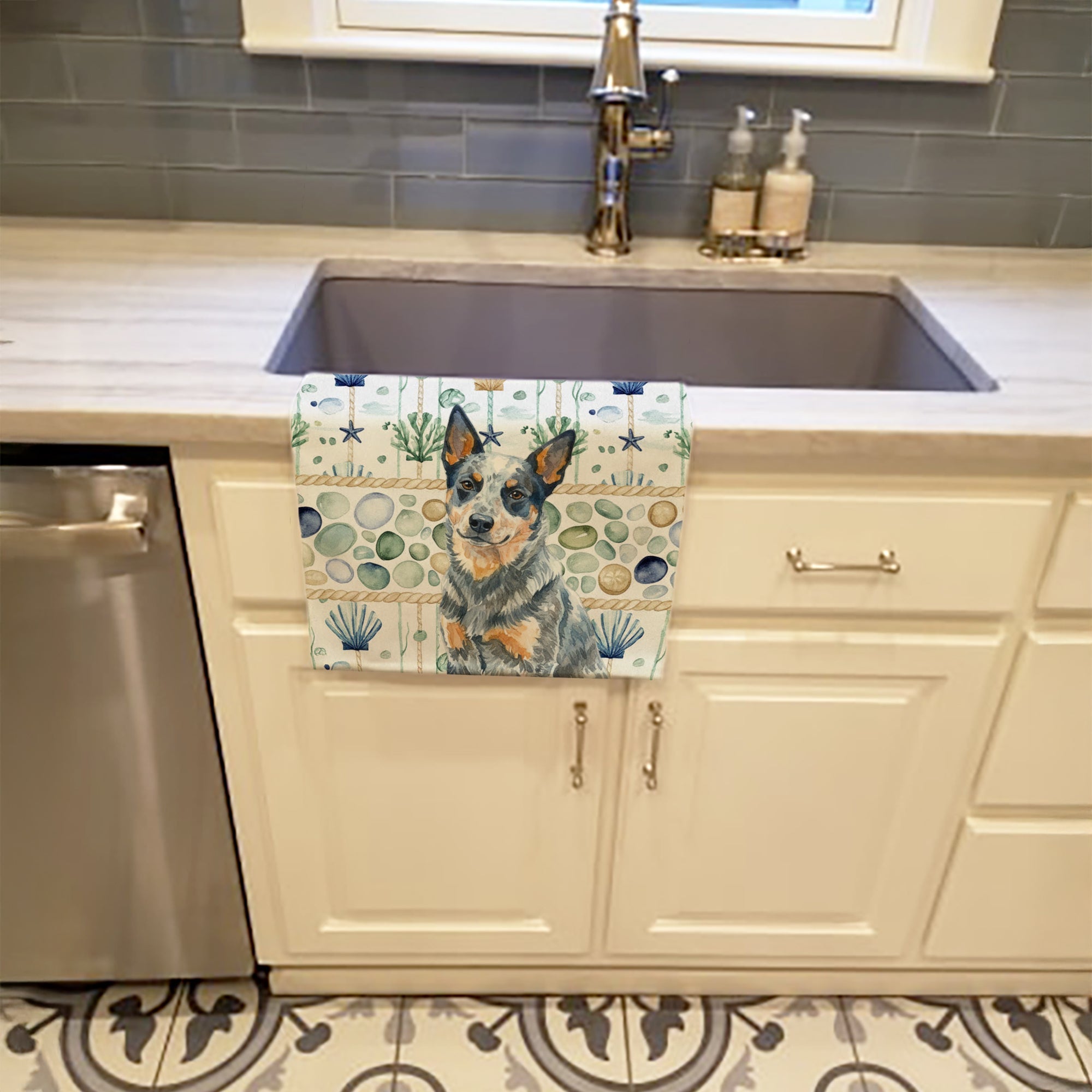Blue Heeler Australian Cattle Dog Coastal Sea Glass Kitchen Towel Velour Plush Front and Cotton Loop Back Machine Washable