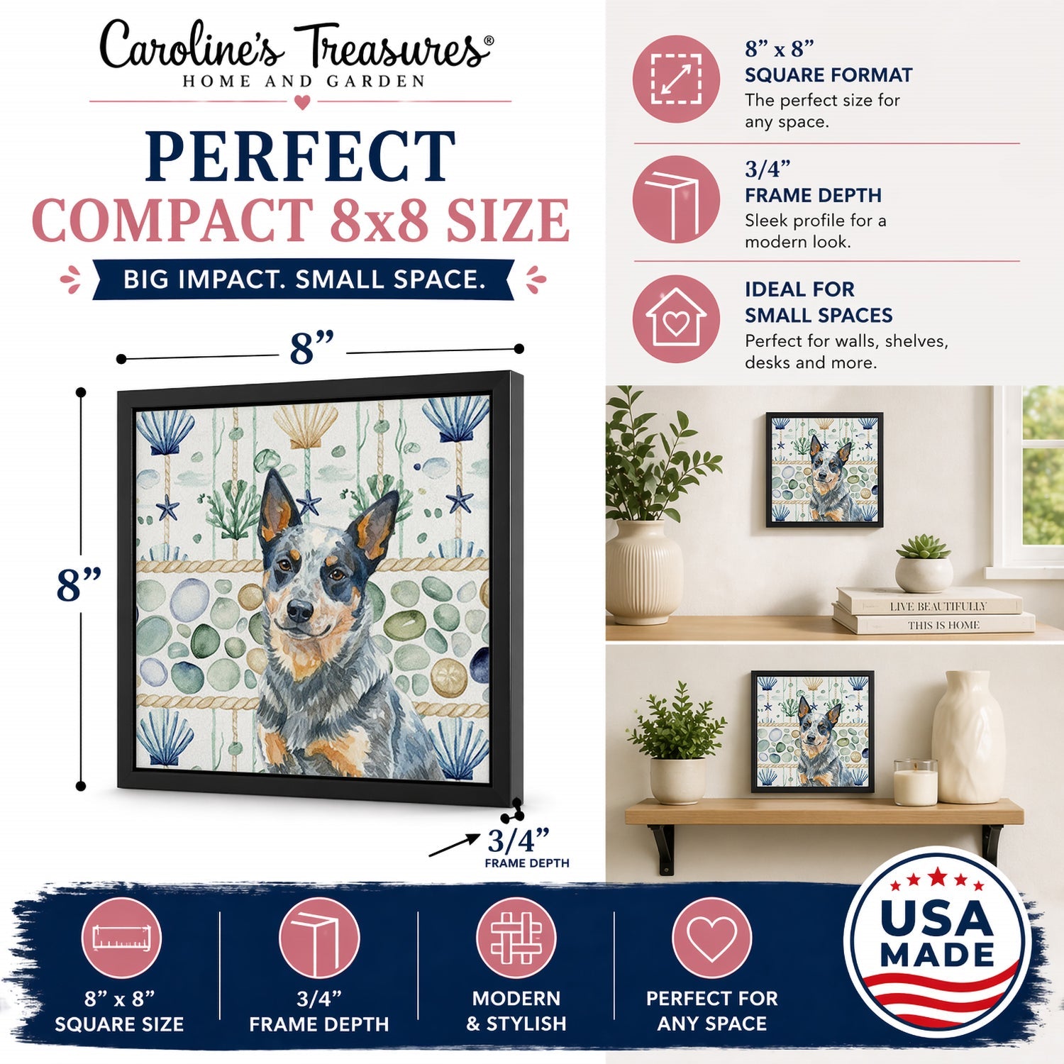 Blue Heeler Australian Cattle Dog Coastal Sea Glass Framed Metal Print Bathroom, Kitchen, Office, Home Decor Wall Art Ready to Hang, Square, 8X8