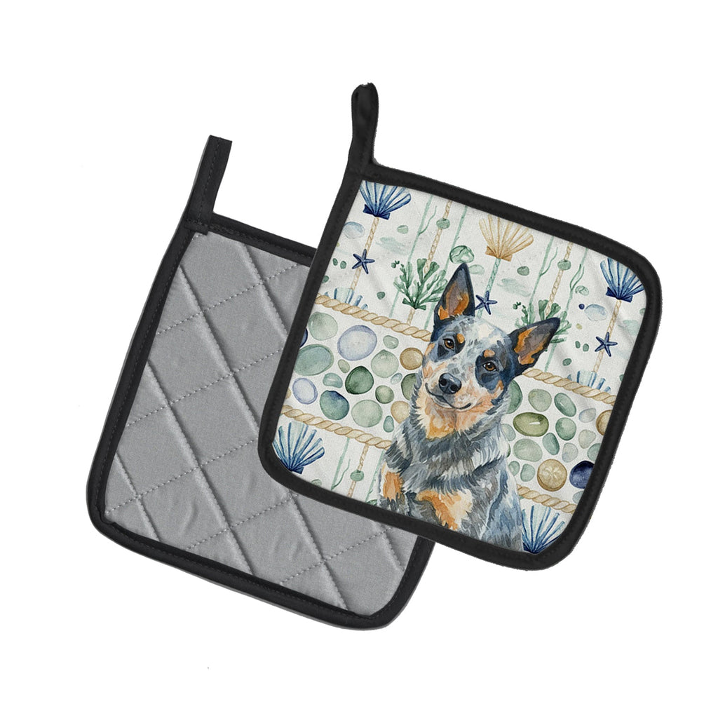 Blue Heeler Australian Cattle Dog Coastal Sea Glass Pot Holder Set of 2 Heat Resistant Quilted Hot Pads 7.5 x 7.5 Inch, Insulated Kitchen Trivets for Cooking & Baking