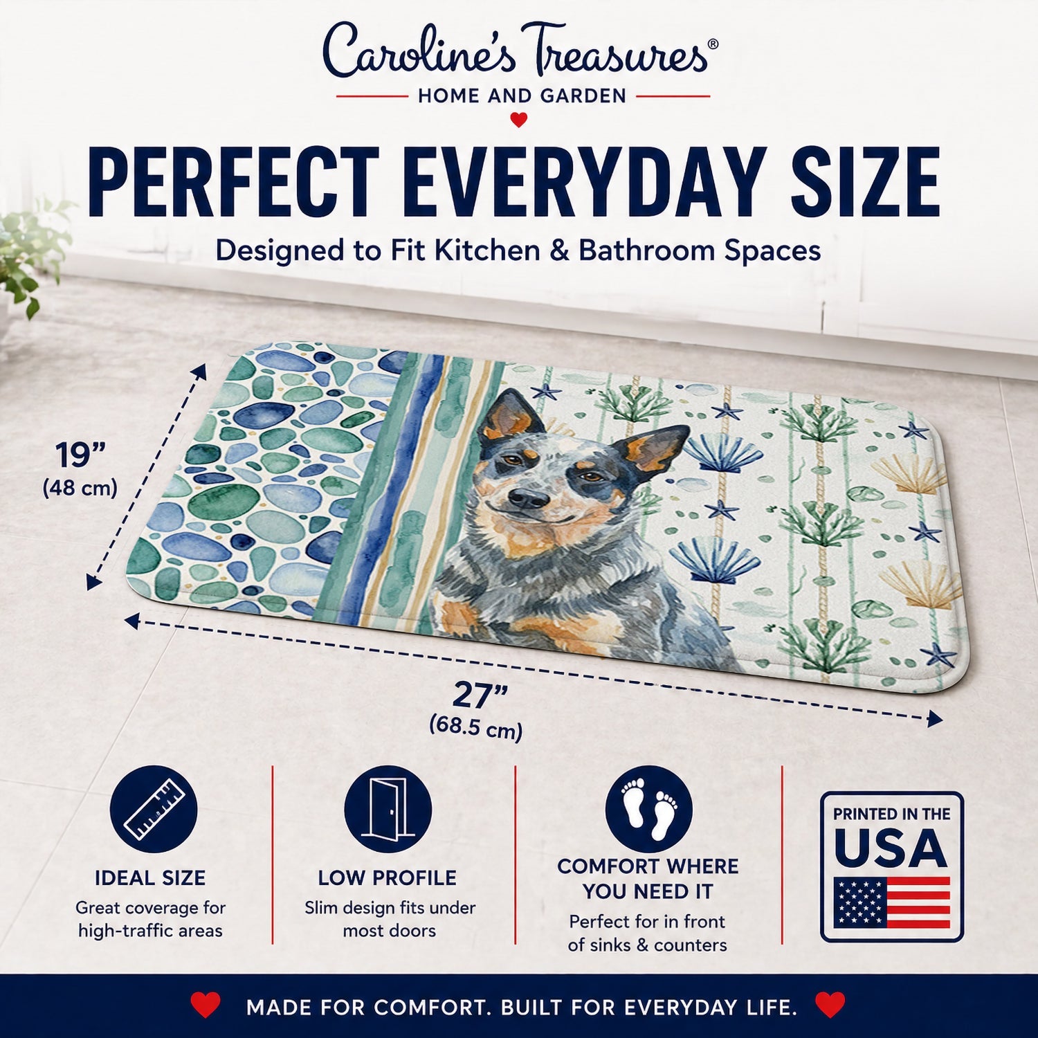 Blue Heeler Australian Cattle Dog Coastal Sea Glass Memory Foam Kitchen Mat Machine Washable Anti-Fatigue Cushion Comfort Bath or Kitchen Rug