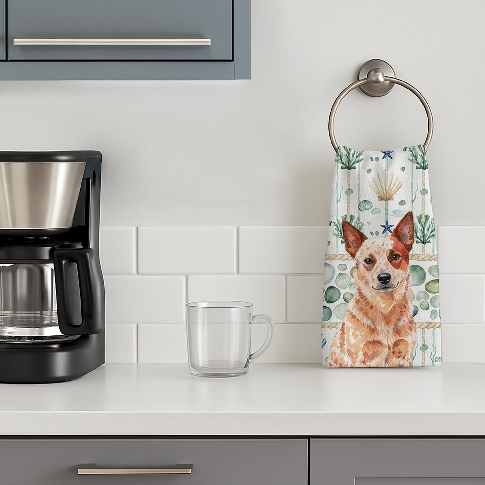 Red Heeler Australian Cattle Dog Coastal Sea Glass Kitchen Towel Velour Plush Front and Cotton Loop Back Machine Washable