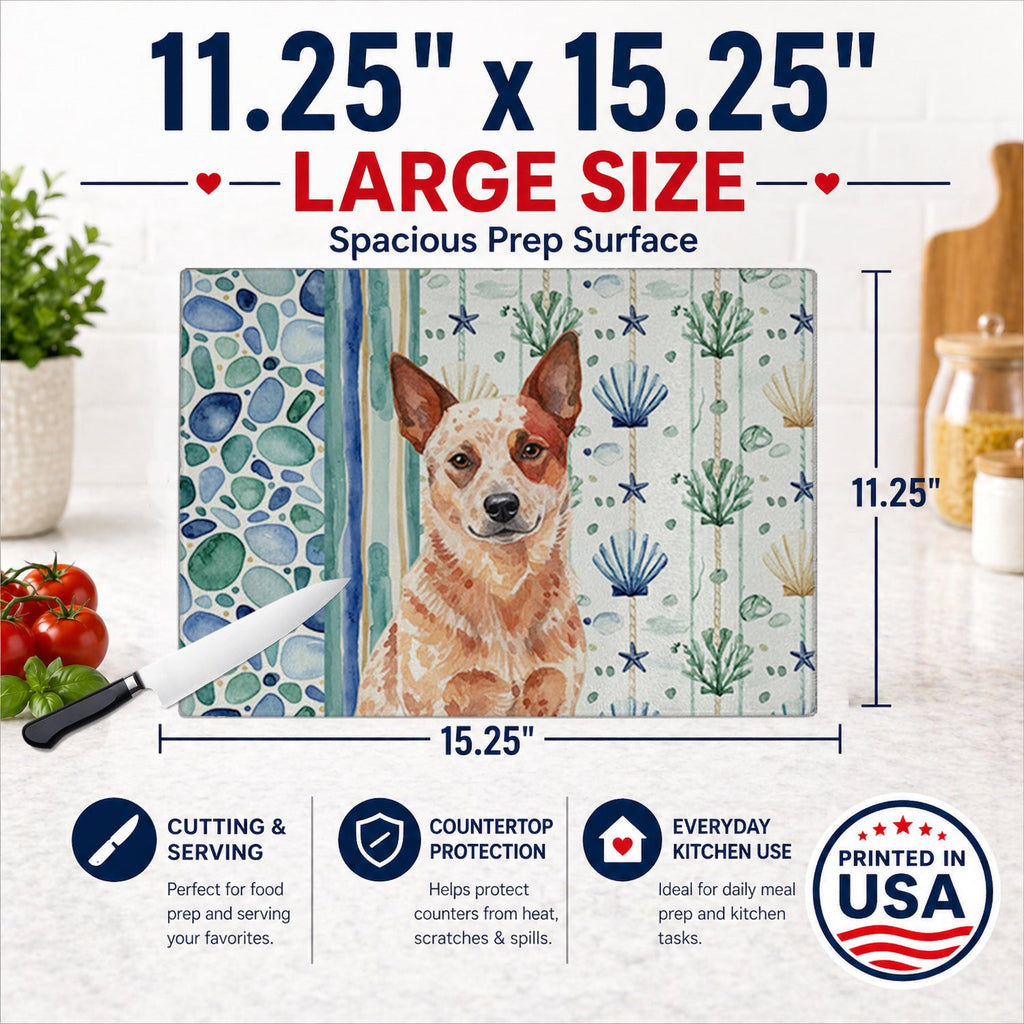 Red Heeler Australian Cattle Dog Coastal Sea Glass Cutting Board Tempered Glass Kitchen Cutting Surface, Heat Resistant Chopping, Non-Slip Feet, Food Prep & Serving