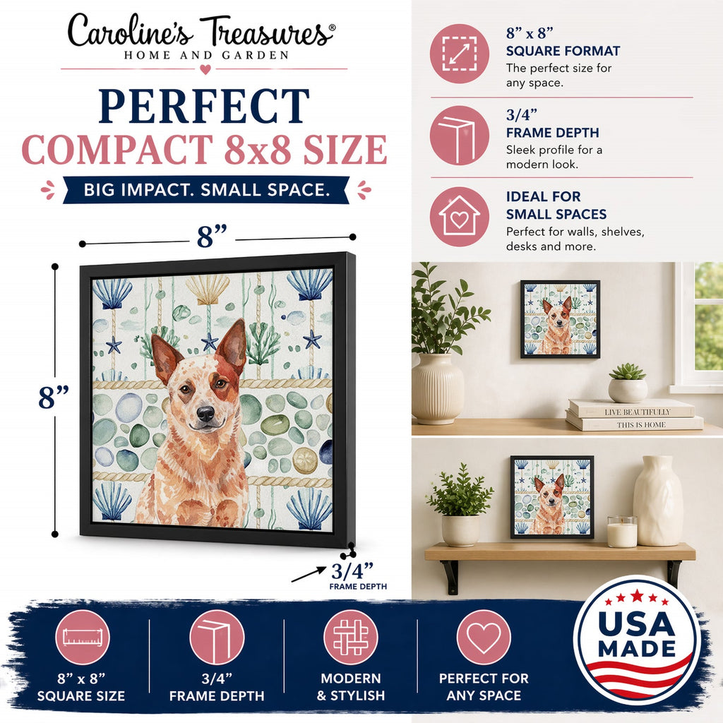 Red Heeler Australian Cattle Dog Coastal Sea Glass Framed Metal Print Bathroom, Kitchen, Office, Home Decor Wall Art Ready to Hang, Square, 8X8