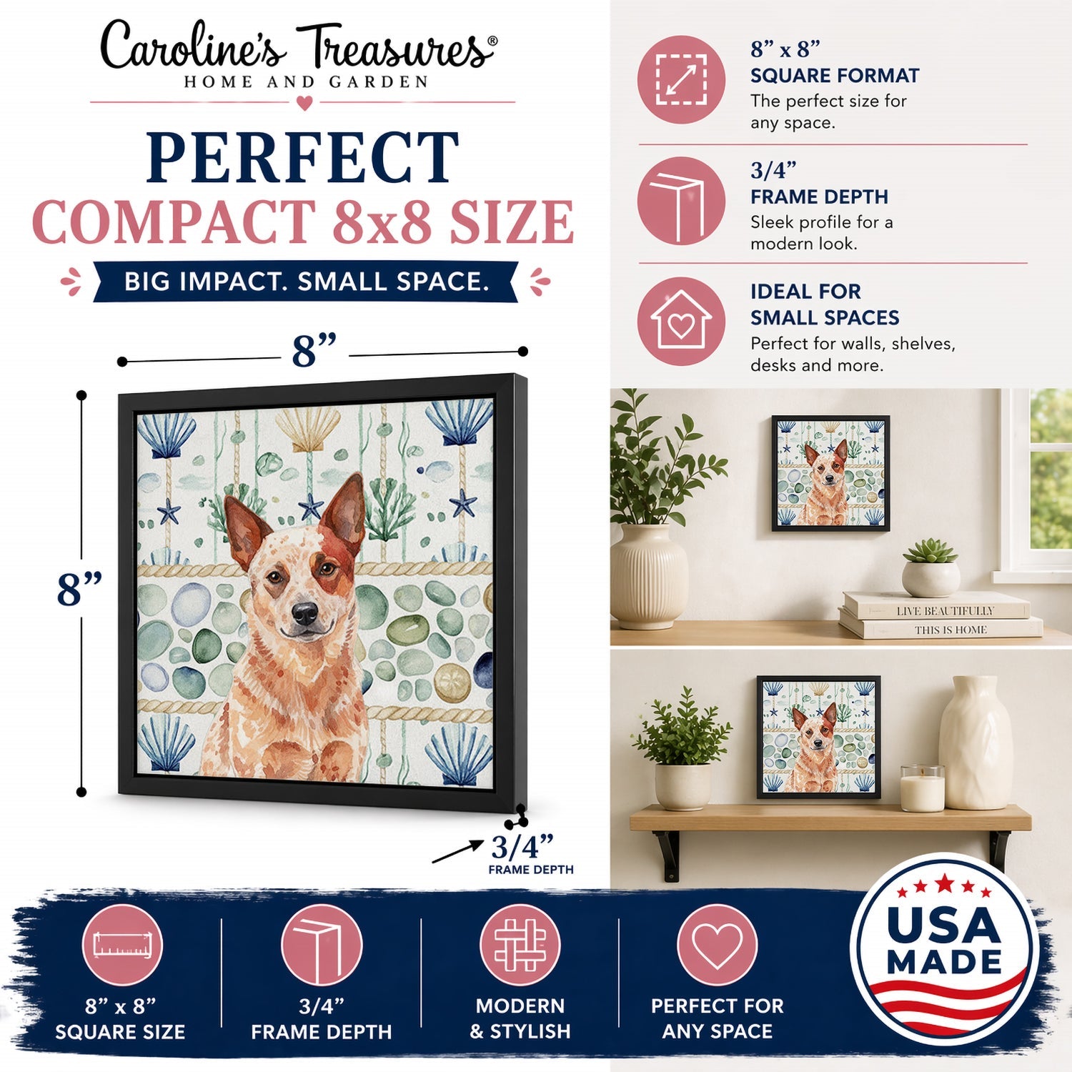 Red Heeler Australian Cattle Dog Coastal Sea Glass Framed Metal Print Bathroom, Kitchen, Office, Home Decor Wall Art Ready to Hang, Square, 8X8