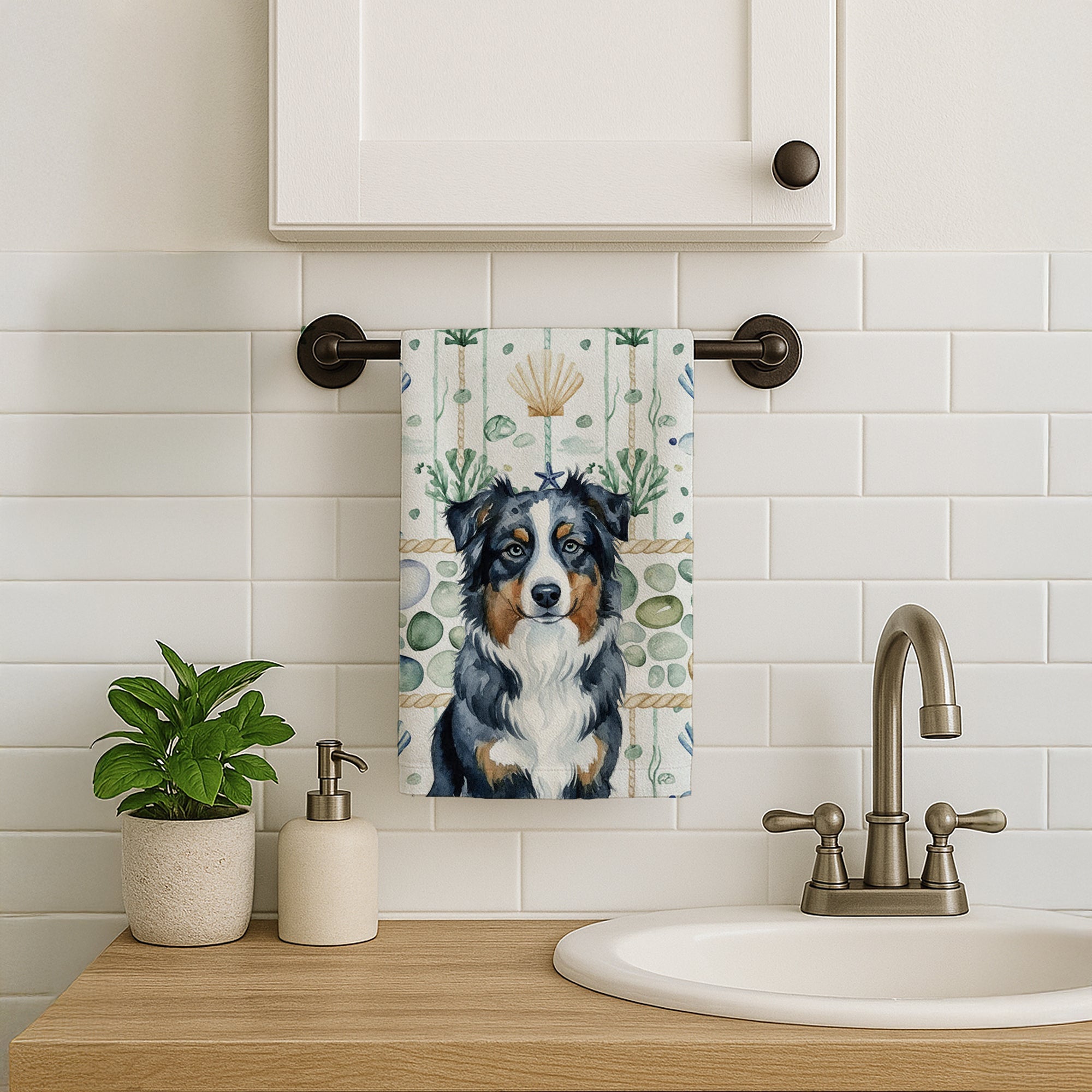 Black Australian Shepherd Coastal Sea Glass Kitchen Towel Velour Plush Front and Cotton Loop Back Machine Washable