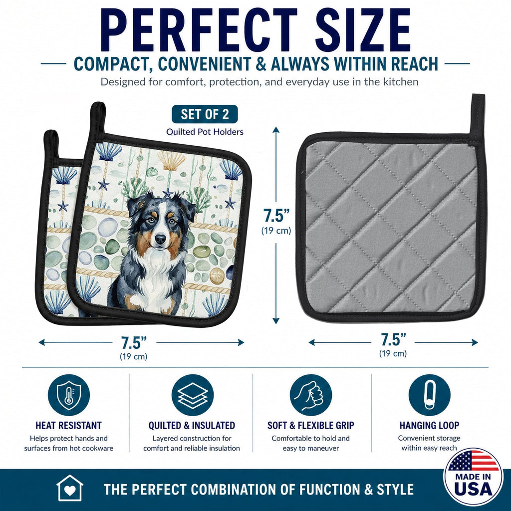 Black Australian Shepherd Coastal Sea Glass Pot Holder Set of 2 Heat Resistant Quilted Hot Pads 7.5 x 7.5 Inch, Insulated Kitchen Trivets for Cooking & Baking