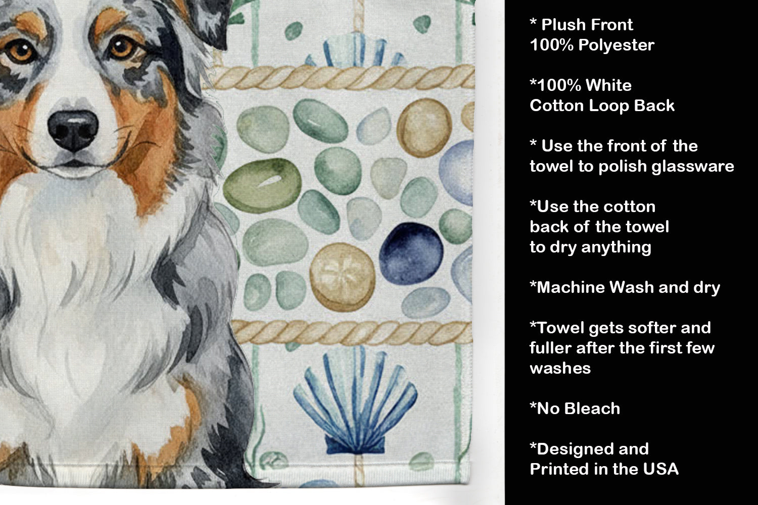 Blue Merle Australian Shepherd Coastal Sea Glass Kitchen Towel Velour Plush Front and Cotton Loop Back Machine Washable