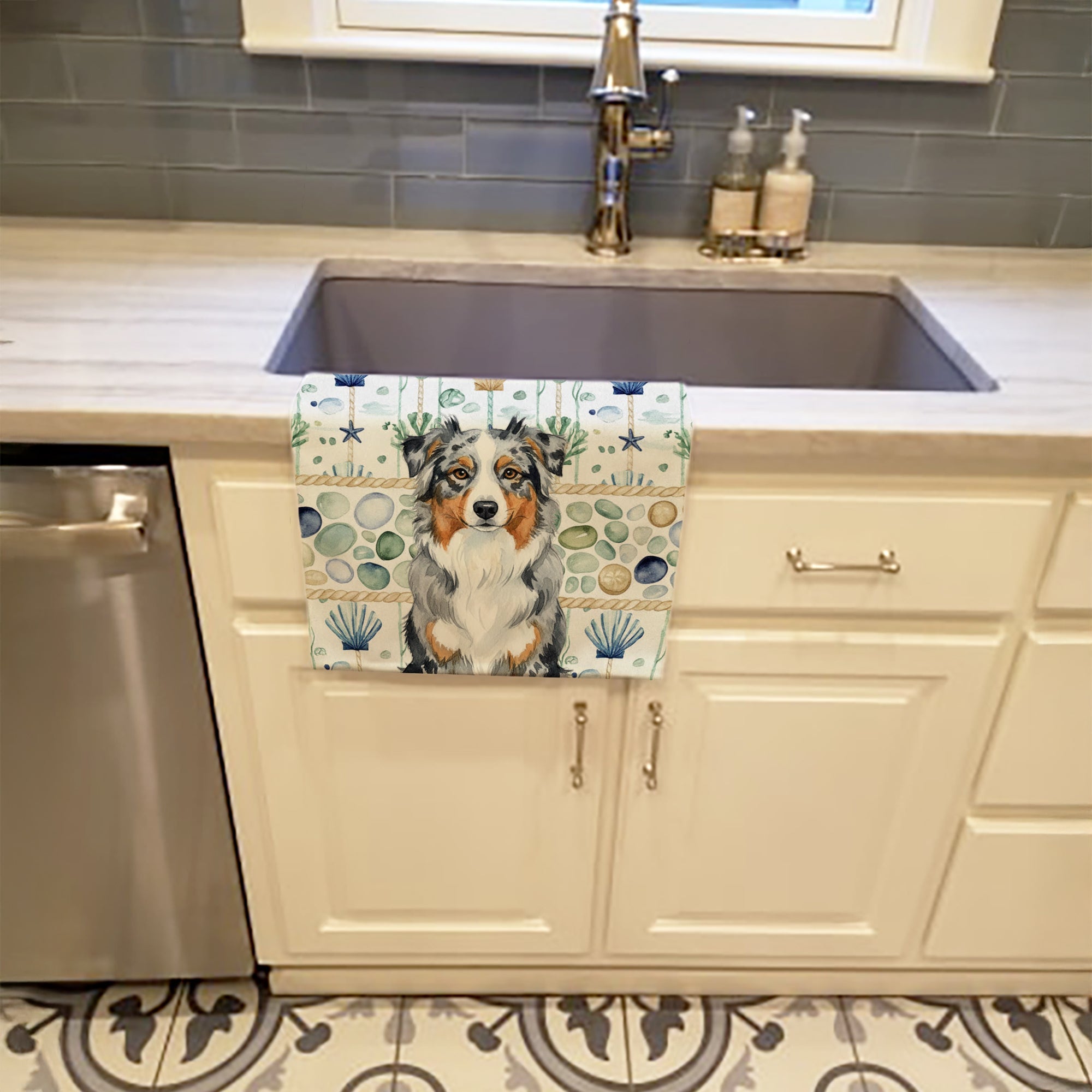 Blue Merle Australian Shepherd Coastal Sea Glass Kitchen Towel Velour Plush Front and Cotton Loop Back Machine Washable