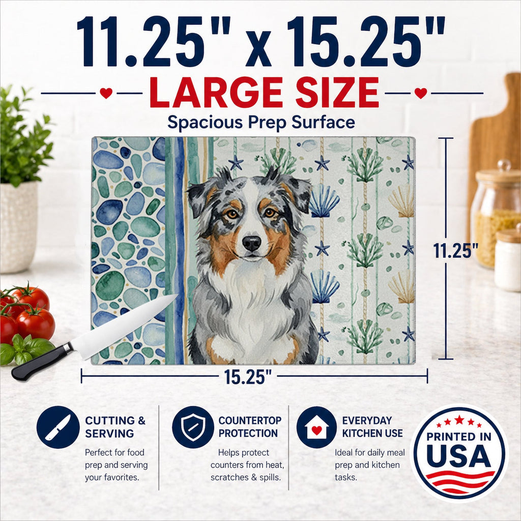 Blue Merle Australian Shepherd Coastal Sea Glass Cutting Board Tempered Glass Kitchen Cutting Surface, Heat Resistant Chopping, Non-Slip Feet, Food Prep & Serving