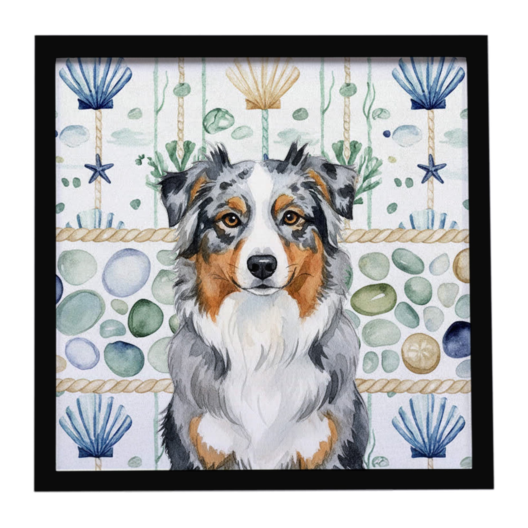 Blue Merle Australian Shepherd Coastal Sea Glass Framed Metal Print Bathroom, Kitchen, Office, Home Decor Wall Art Ready to Hang, Square, 8X8