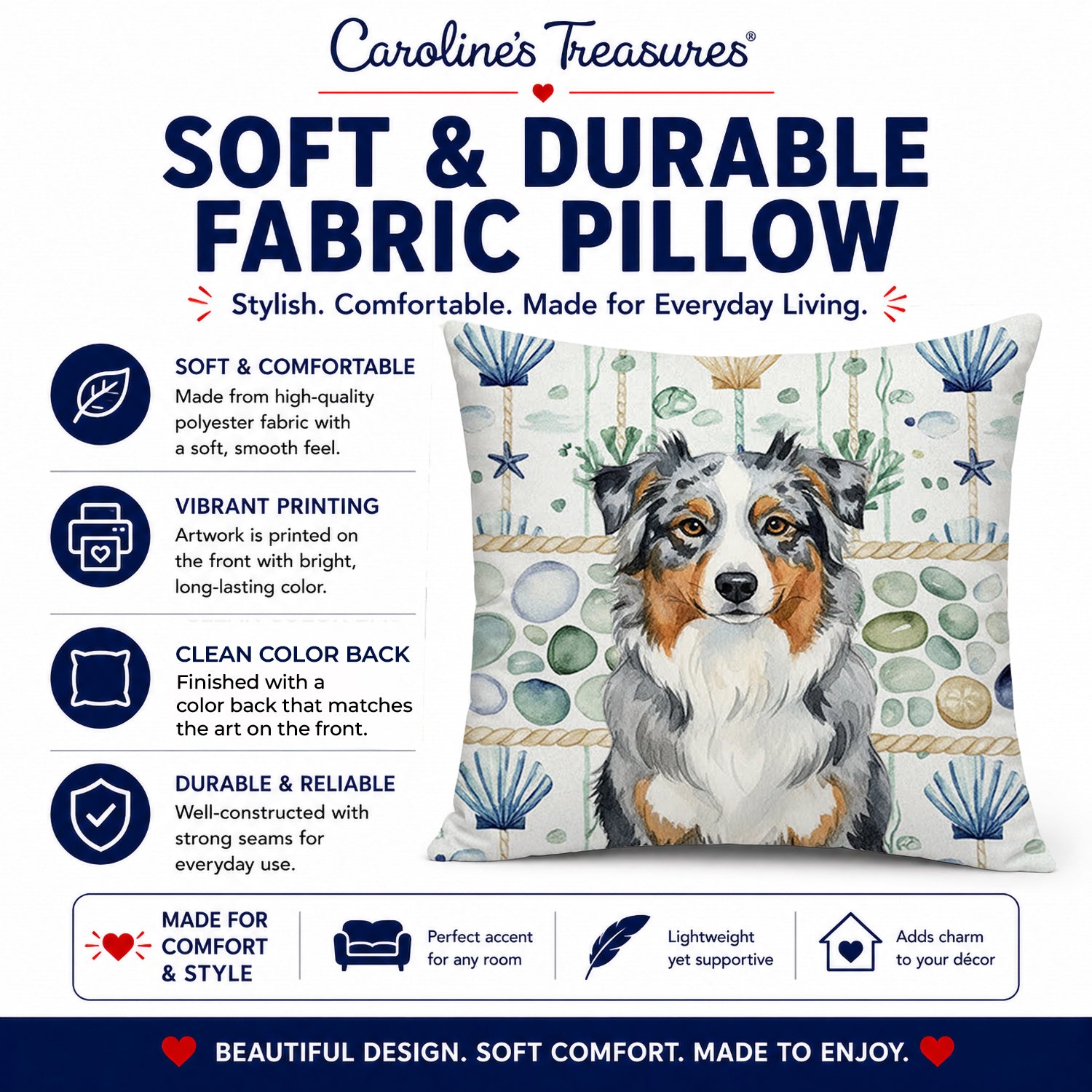 Blue Merle Australian Shepherd Coastal Sea Glass Decorative Throw Pillow 14x14 Indoor Outdoor Accent Cushion, Fabric Cover with Insert for Sofa, Bed, Porch & Living Room