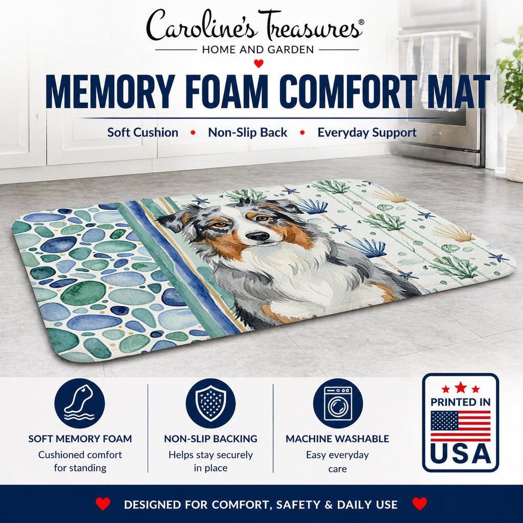 Blue Merle Australian Shepherd Coastal Sea Glass Memory Foam Kitchen Mat Machine Washable Anti-Fatigue Cushion Comfort Bath or Kitchen Rug