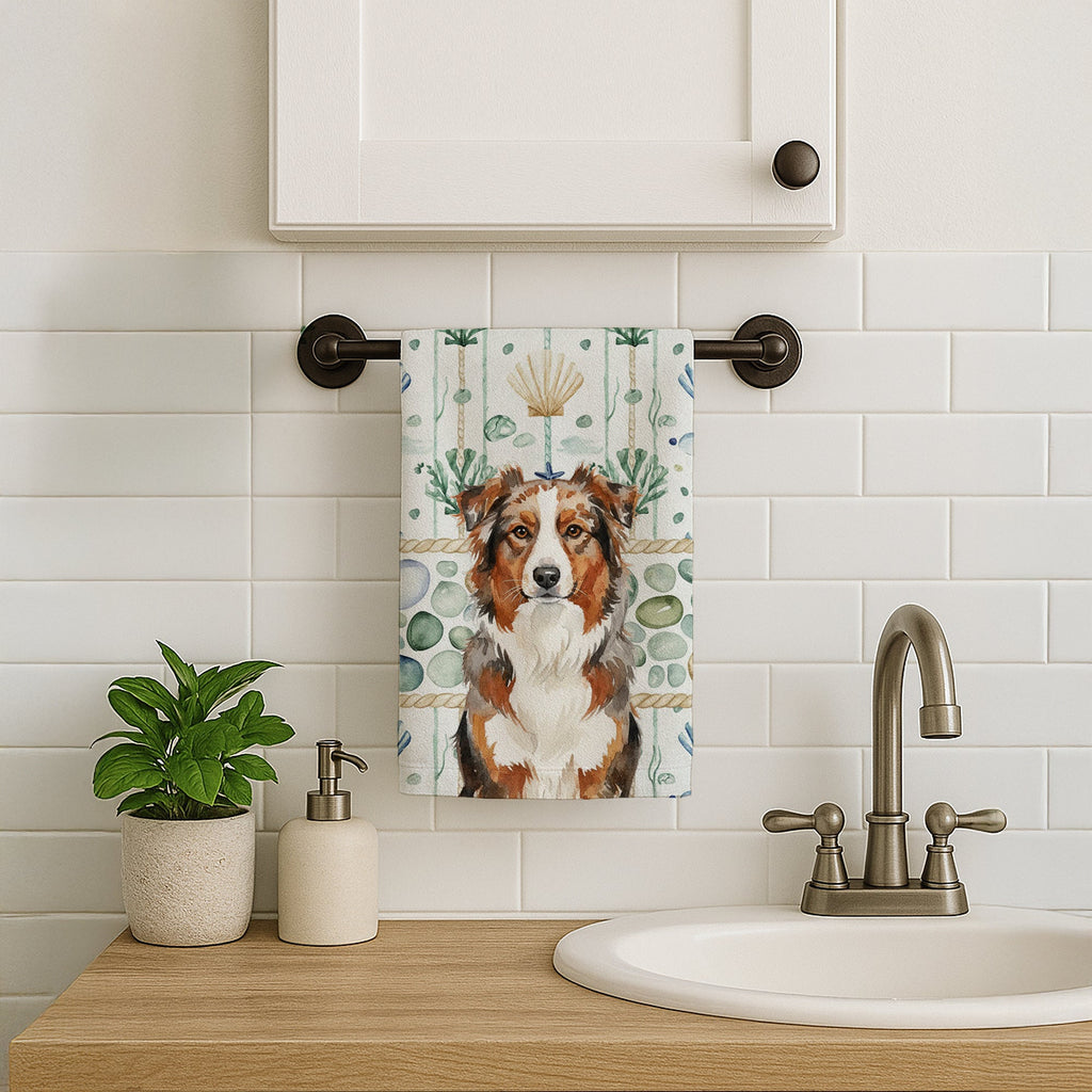 Red Merle Australian Shepherd Coastal Sea Glass Kitchen Towel Velour Plush Front and Cotton Loop Back Machine Washable