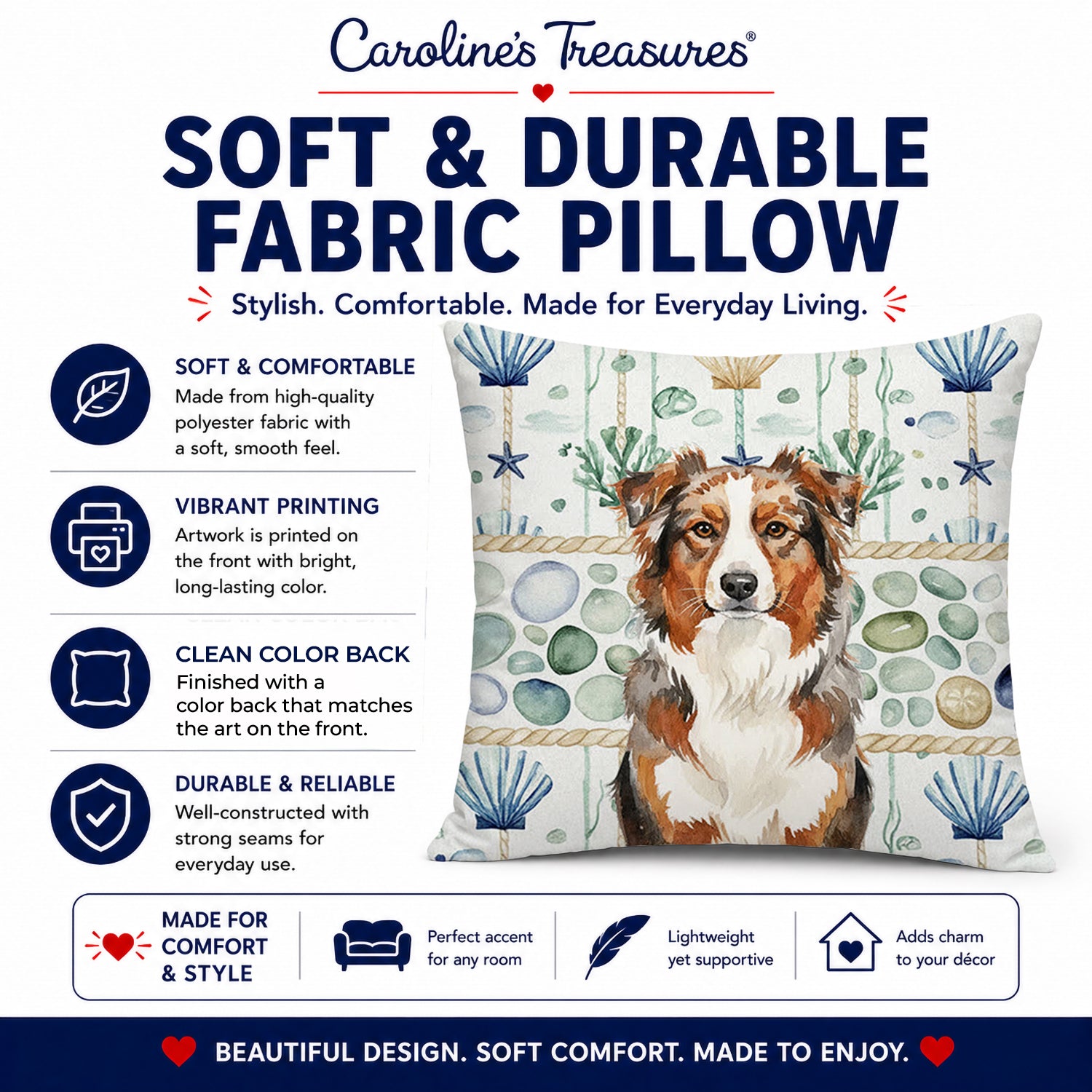 Red Merle Australian Shepherd Coastal Sea Glass Decorative Throw Pillow 18x18 Indoor Outdoor Accent Cushion, Fabric Cover with Insert for Sofa, Bed, Porch & Living Room