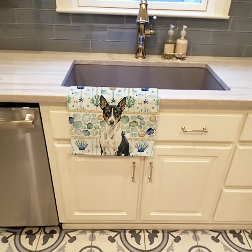 Black and White Basenji Coastal Sea Glass Kitchen Towel Velour Plush Front and Cotton Loop Back Machine Washable