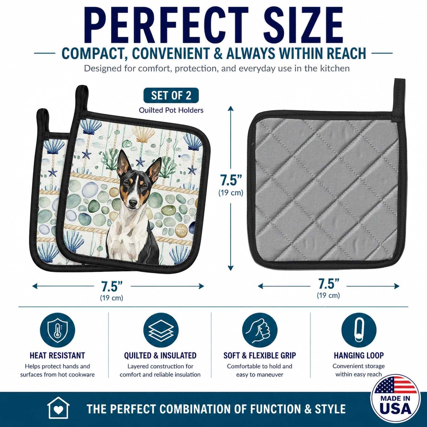 Black and White Basenji Coastal Sea Glass Pot Holder Set of 2 Heat Resistant Quilted Hot Pads 7.5 x 7.5 Inch, Insulated Kitchen Trivets for Cooking & Baking