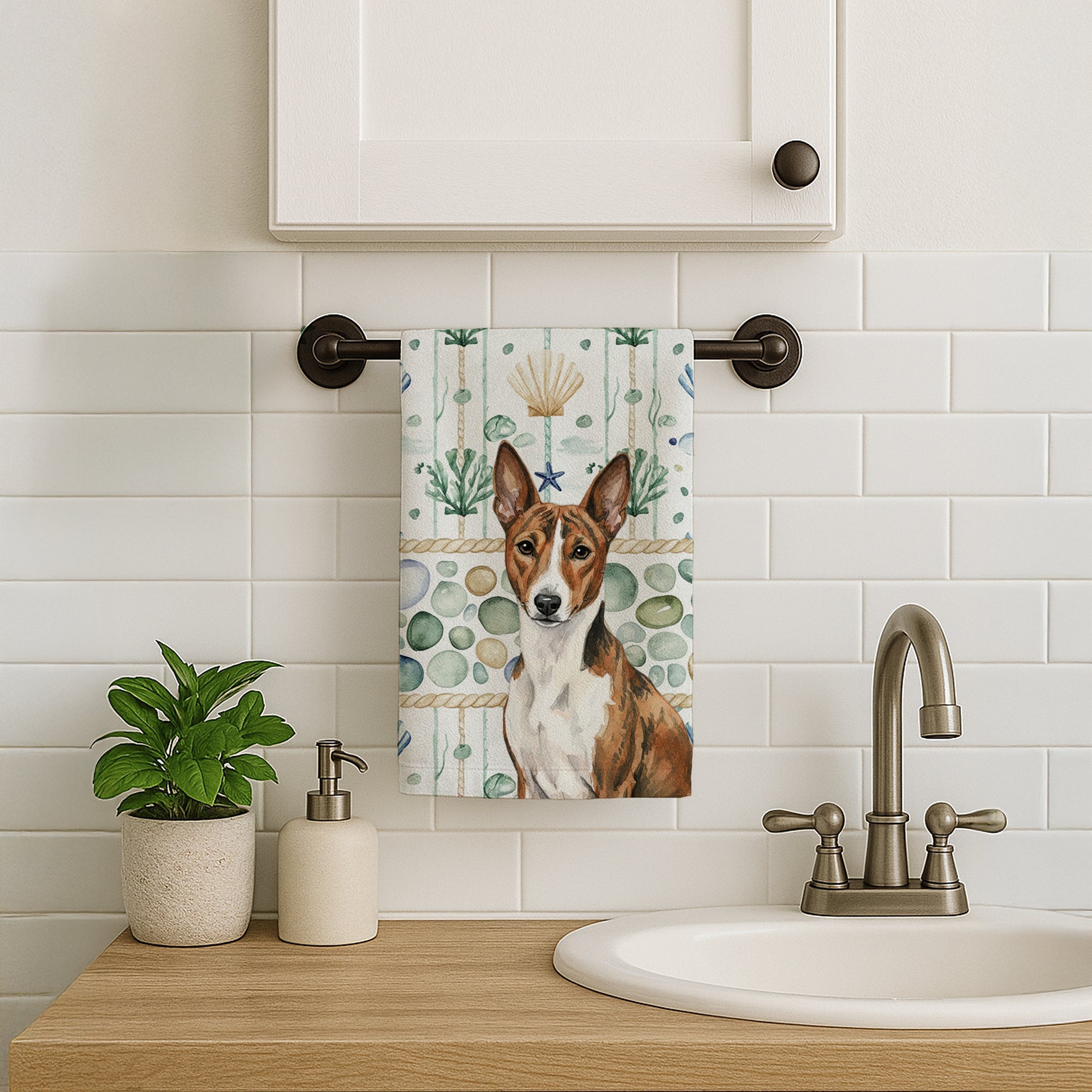 Brindle and White Basenji Coastal Sea Glass Kitchen Towel Velour Plush Front and Cotton Loop Back Machine Washable