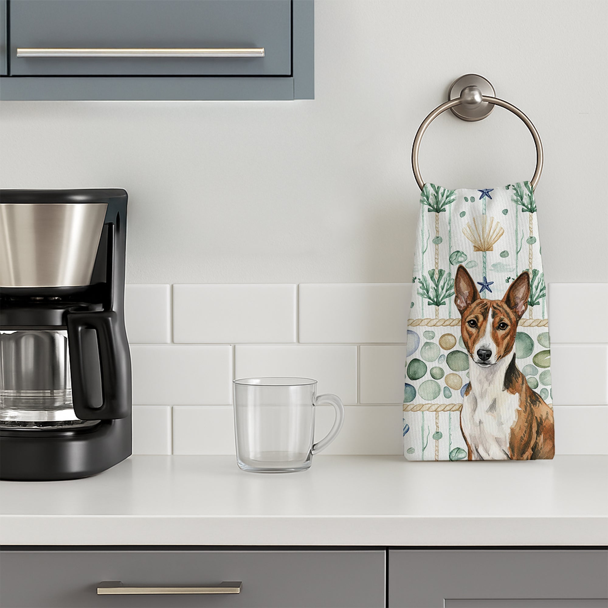 Brindle and White Basenji Coastal Sea Glass Kitchen Towel Velour Plush Front and Cotton Loop Back Machine Washable