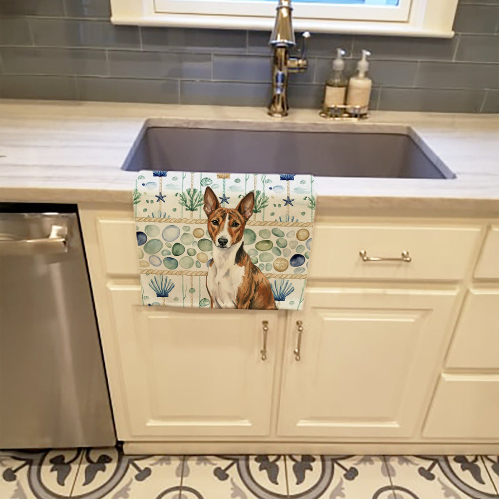 Brindle and White Basenji Coastal Sea Glass Kitchen Towel Velour Plush Front and Cotton Loop Back Machine Washable