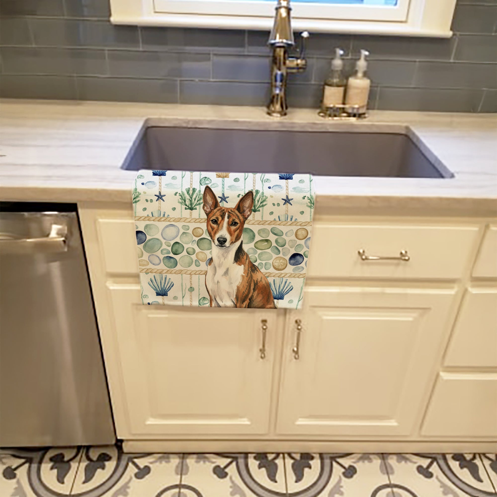Brindle and White Basenji Coastal Sea Glass Kitchen Towel Velour Plush Front and Cotton Loop Back Machine Washable