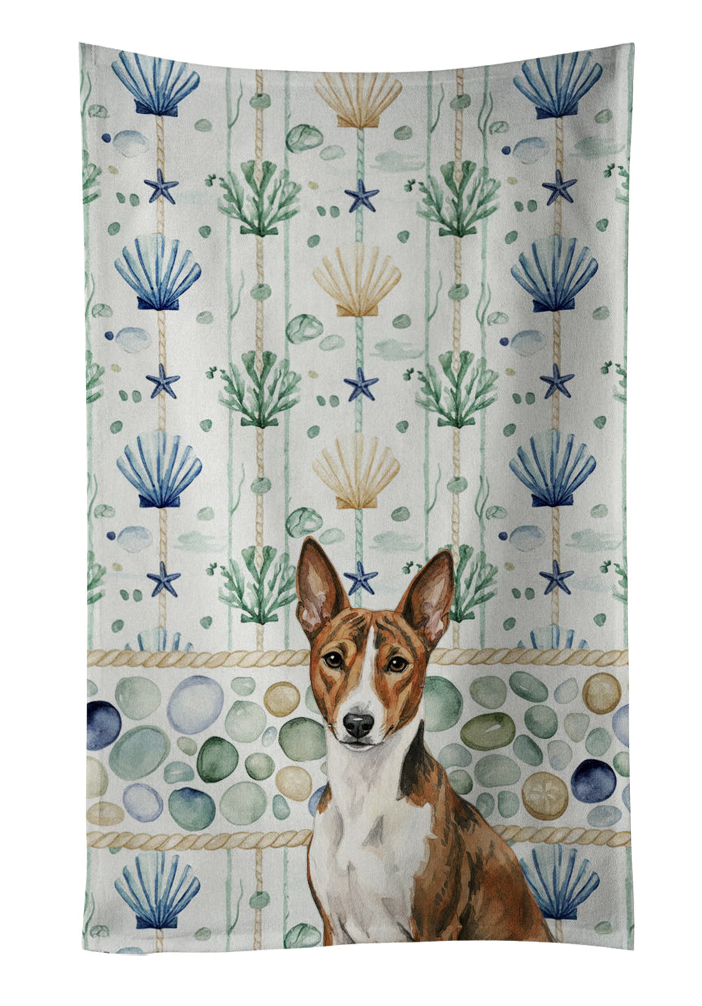 Brindle and White Basenji Coastal Sea Glass Kitchen Towel Velour Plush Front and Cotton Loop Back Machine Washable