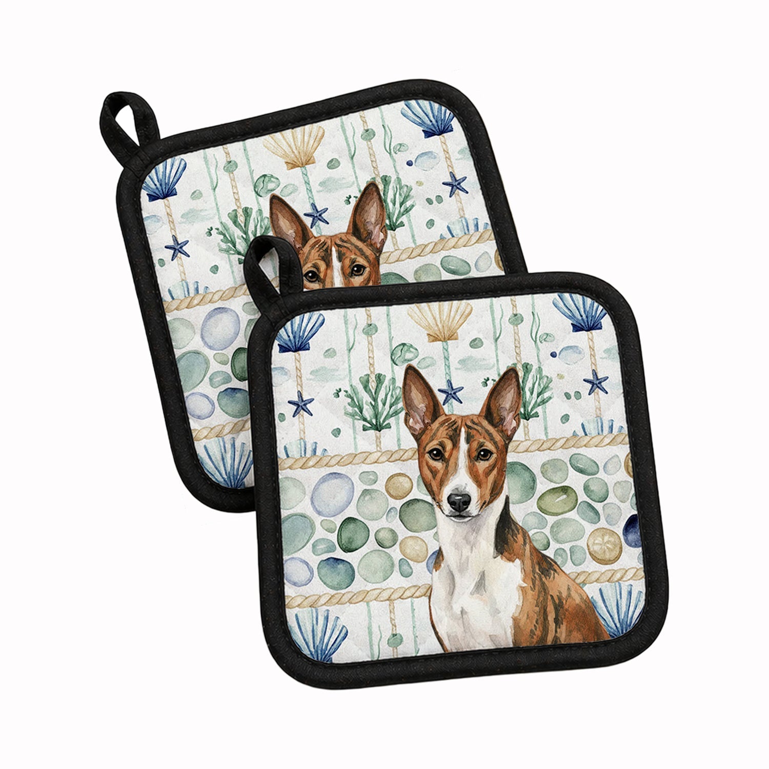 Brindle and White Basenji Coastal Sea Glass Pot Holder Set of 2 Heat Resistant Quilted Hot Pads 7.5 x 7.5 Inch, Insulated Kitchen Trivets for Cooking & Baking