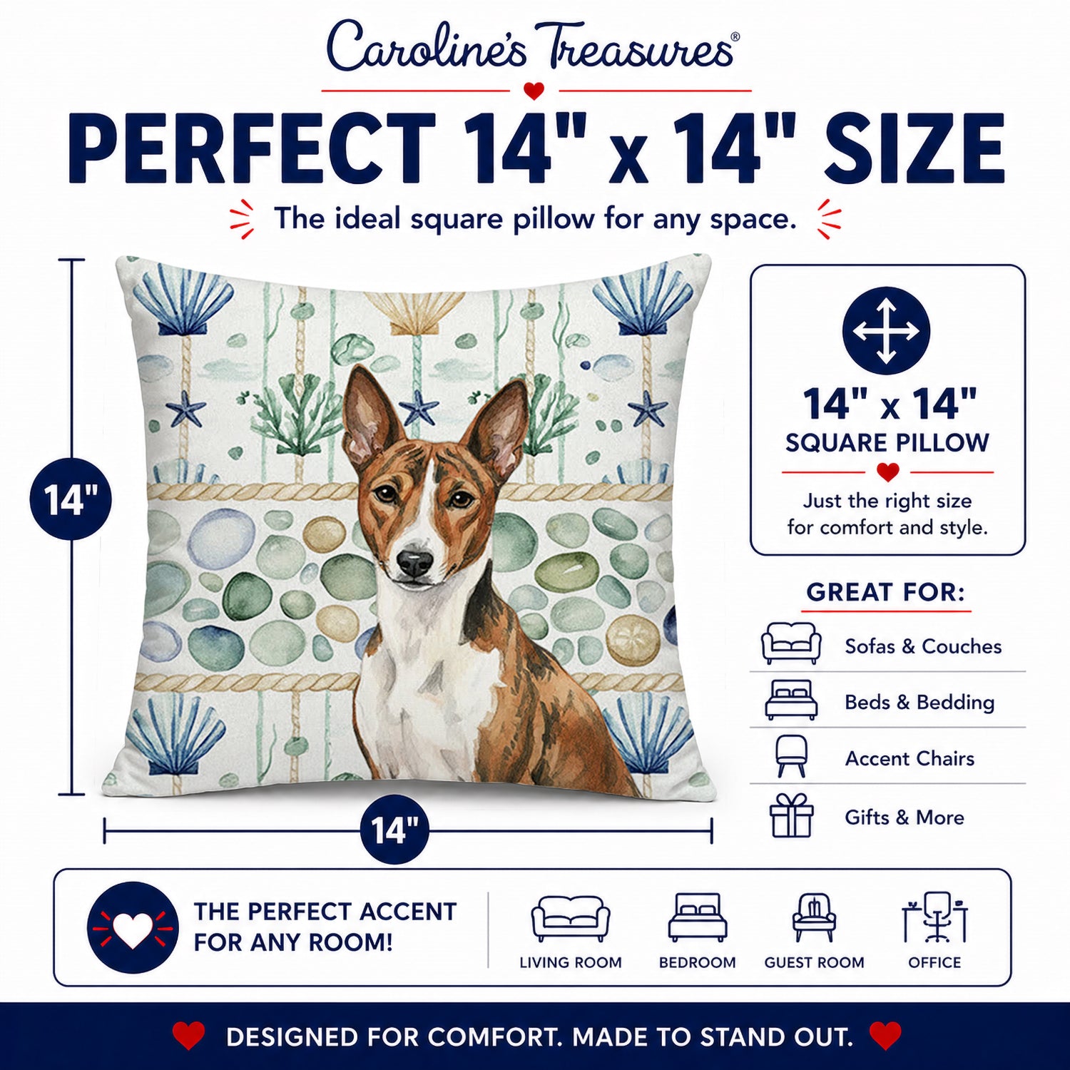 Brindle and White Basenji Coastal Sea Glass Decorative Throw Pillow 14x14 Indoor Outdoor Accent Cushion, Fabric Cover with Insert for Sofa, Bed, Porch & Living Room