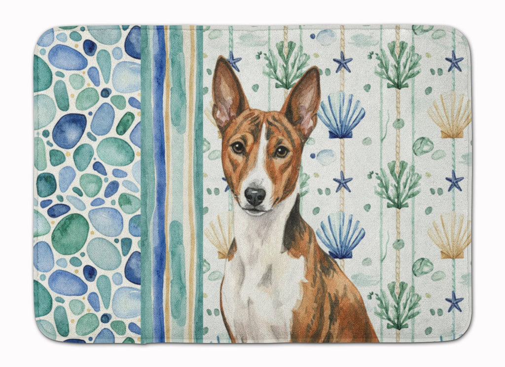Brindle and White Basenji Coastal Sea Glass Memory Foam Kitchen Mat Machine Washable Anti-Fatigue Cushion Comfort Bath or Kitchen Rug