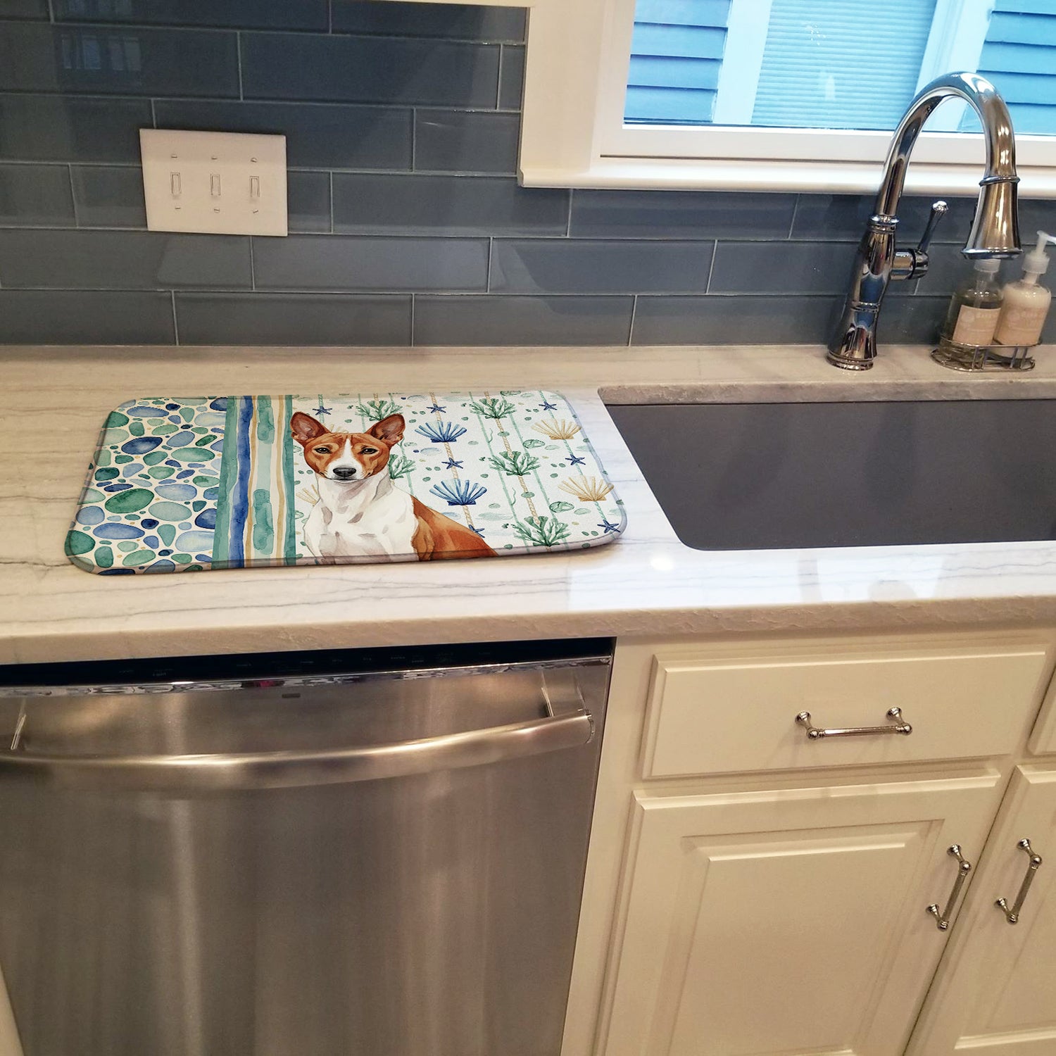 Red and White Basenji Coastal Sea Glass Dish Drying Mat Absorbent Dish Drying Mat Pad for Kitchen Counter Dish Drainer Mat for Countertop, 14 x 21", Multicolor