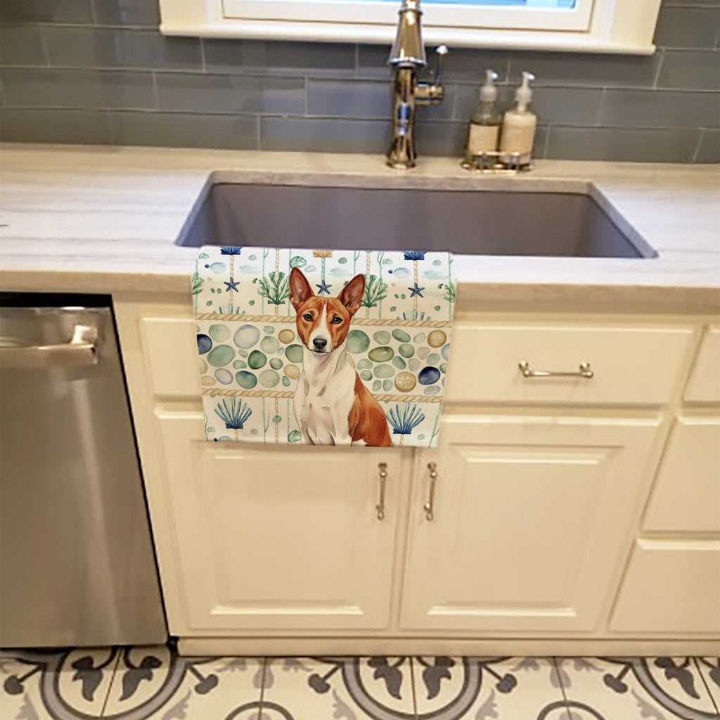 Red and White Basenji Coastal Sea Glass Kitchen Towel Velour Plush Front and Cotton Loop Back Machine Washable