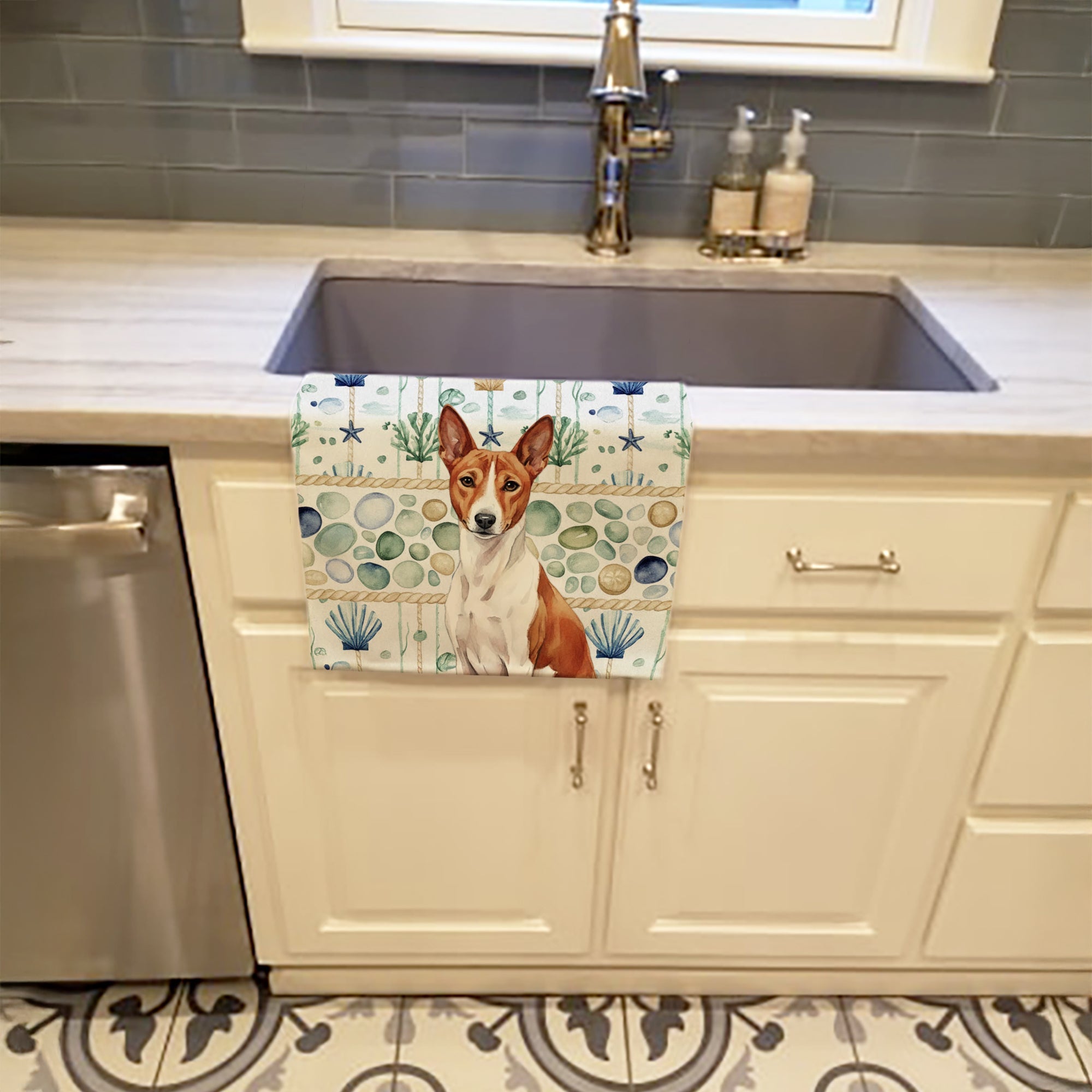 Red and White Basenji Coastal Sea Glass Kitchen Towel Velour Plush Front and Cotton Loop Back Machine Washable