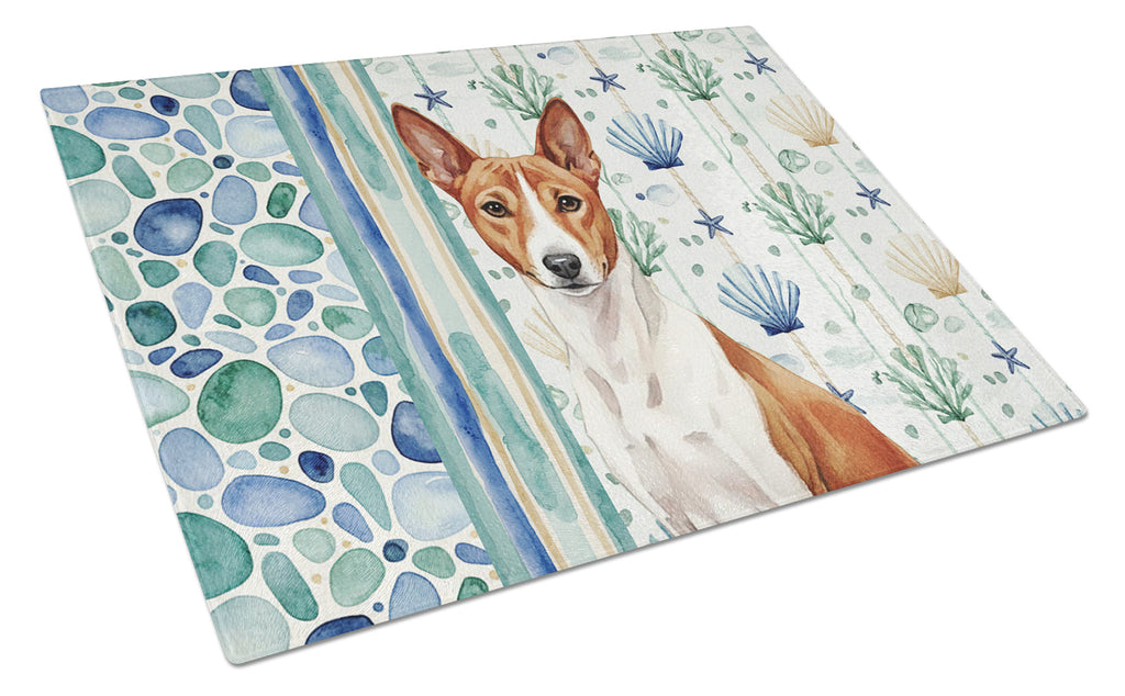 Red and White Basenji Coastal Sea Glass Cutting Board Tempered Glass Kitchen Cutting Surface, Heat Resistant Chopping, Non-Slip Feet, Food Prep & Serving