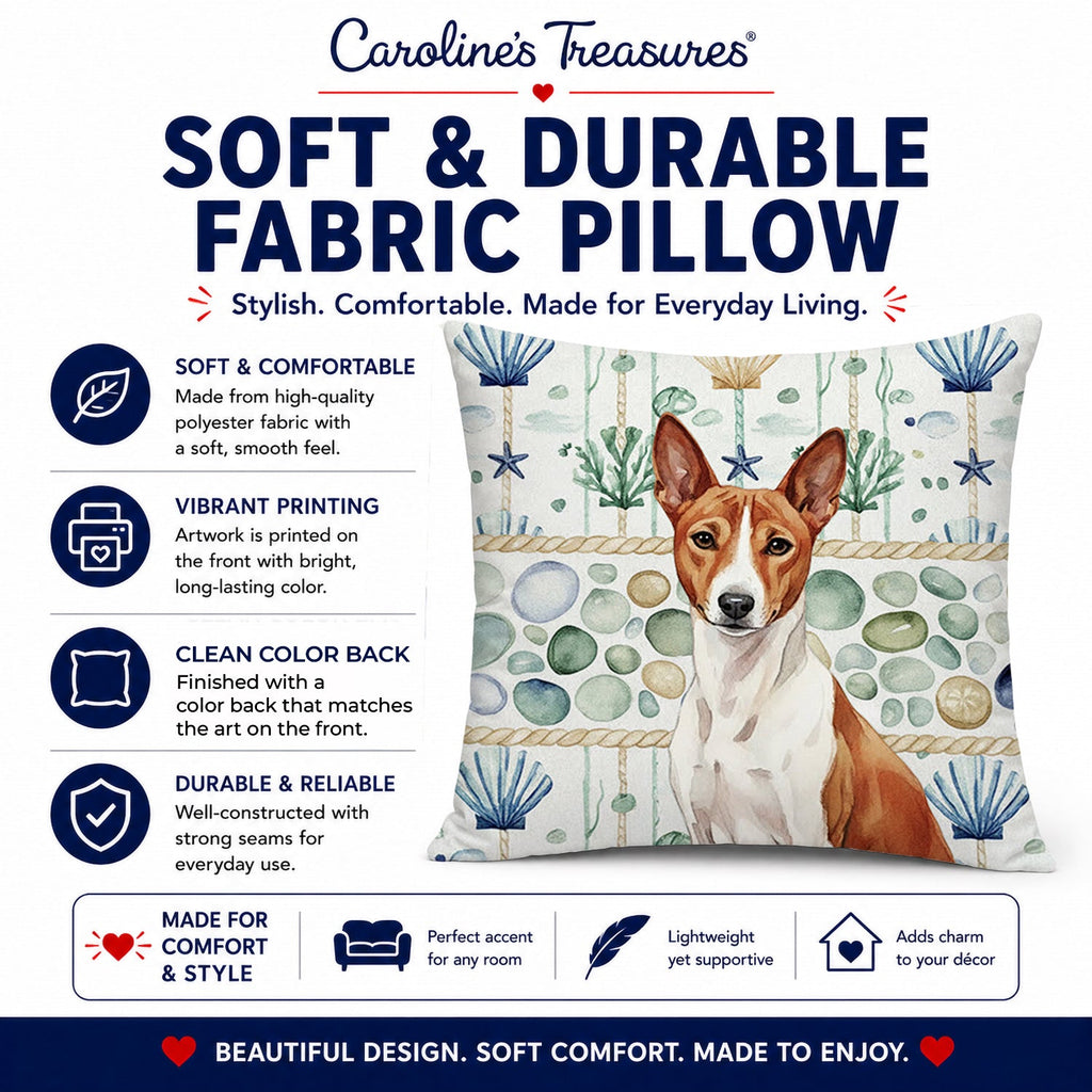 Red and White Basenji Coastal Sea Glass Decorative Throw Pillow 14x14 Indoor Outdoor Accent Cushion, Fabric Cover with Insert for Sofa, Bed, Porch & Living Room
