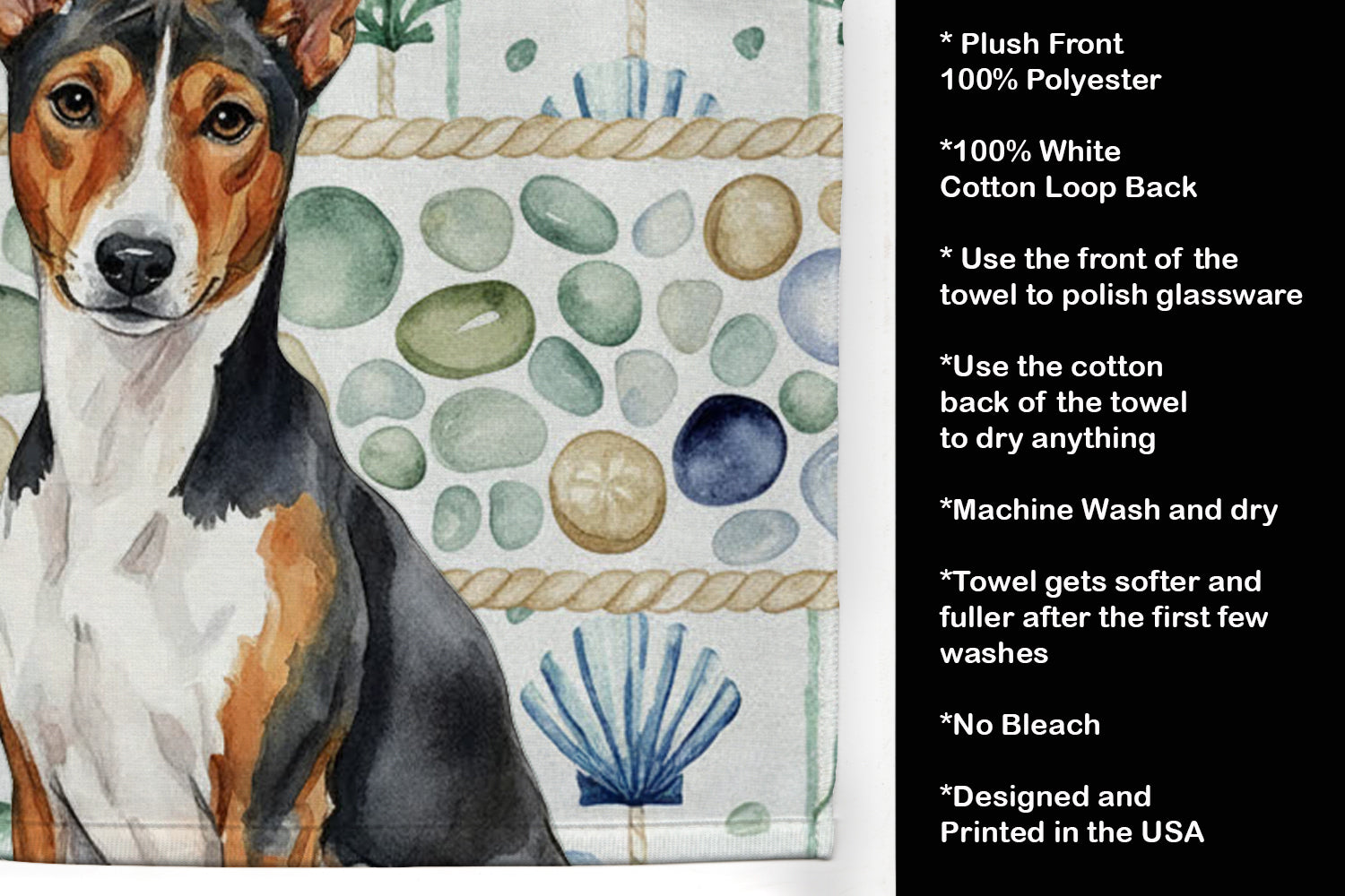 Tricolor and White Basenji Coastal Sea Glass Kitchen Towel Velour Plush Front and Cotton Loop Back Machine Washable