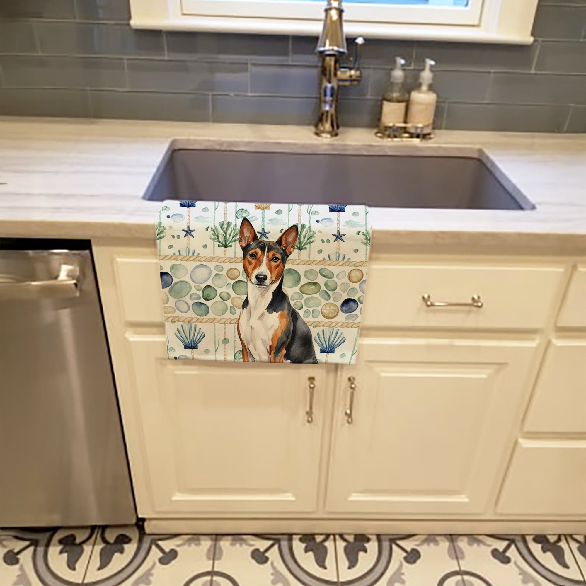 Tricolor and White Basenji Coastal Sea Glass Kitchen Towel Velour Plush Front and Cotton Loop Back Machine Washable