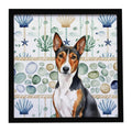 Tricolor and White Basenji Coastal Sea Glass Framed Metal Print Bathroom, Kitchen, Office, Home Decor Wall Art Ready to Hang, Square, 8X8