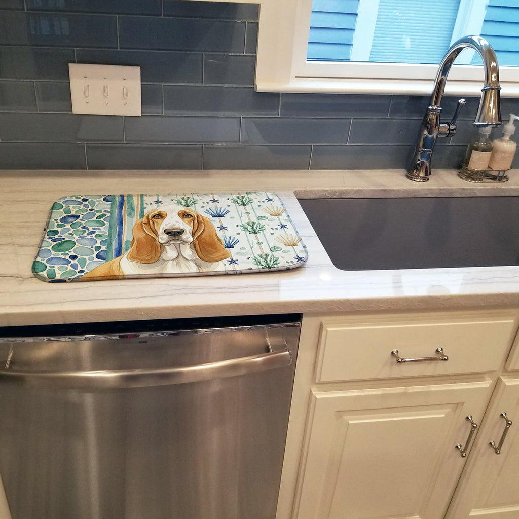 Lemon and White Basset Hound Coastal Sea Glass Dish Drying Mat Absorbent Dish Drying Mat Pad for Kitchen Counter Dish Drainer Mat for Countertop, 14 x 21", Multicolor