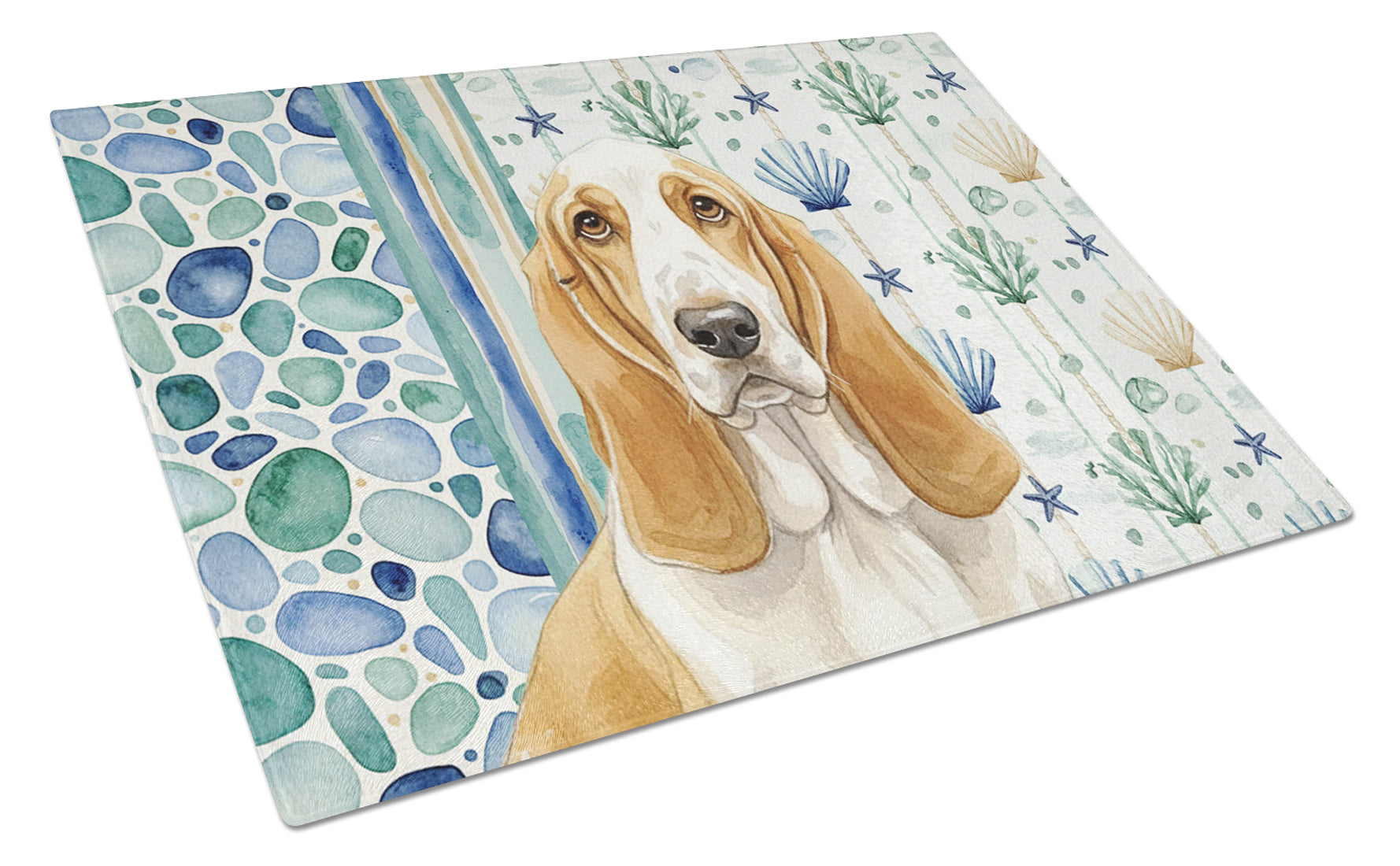 Lemon and White Basset Hound Coastal Sea Glass Cutting Board Tempered Glass Kitchen Cutting Surface, Heat Resistant Chopping, Non-Slip Feet, Food Prep & Serving