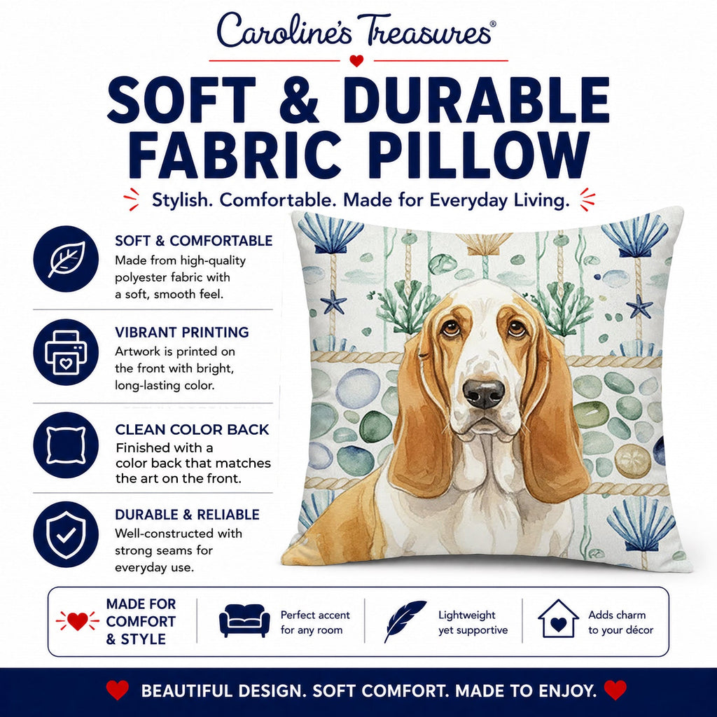 Lemon and White Basset Hound Coastal Sea Glass Decorative Throw Pillow 18x18 Indoor Outdoor Accent Cushion, Fabric Cover with Insert for Sofa, Bed, Porch & Living Room