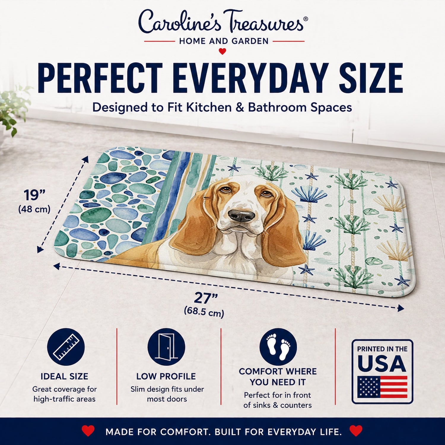 Lemon and White Basset Hound Coastal Sea Glass Memory Foam Kitchen Mat Machine Washable Anti-Fatigue Cushion Comfort Bath or Kitchen Rug
