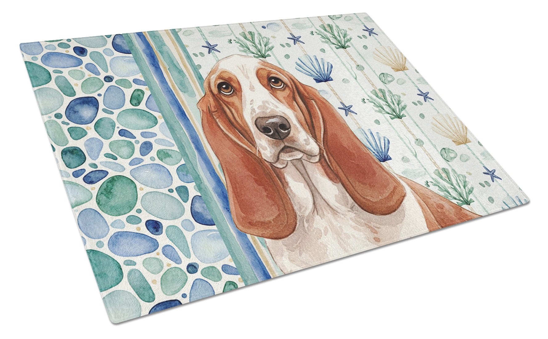 Red and White Basset Hound Coastal Sea Glass Cutting Board Tempered Glass Kitchen Cutting Surface, Heat Resistant Chopping, Non-Slip Feet, Food Prep & Serving