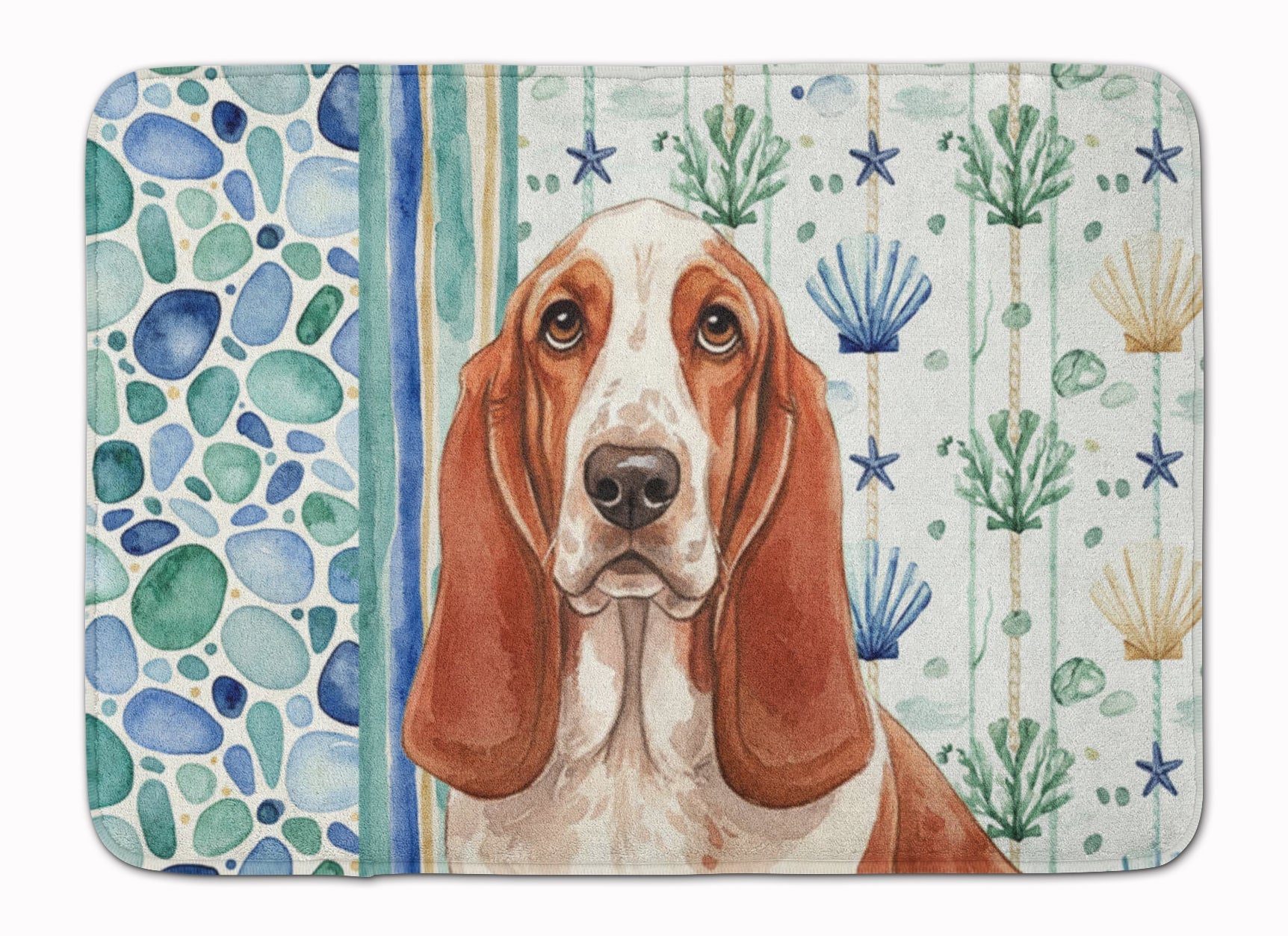 Red and White Basset Hound Coastal Sea Glass Memory Foam Kitchen Mat Machine Washable Anti-Fatigue Cushion Comfort Bath or Kitchen Rug
