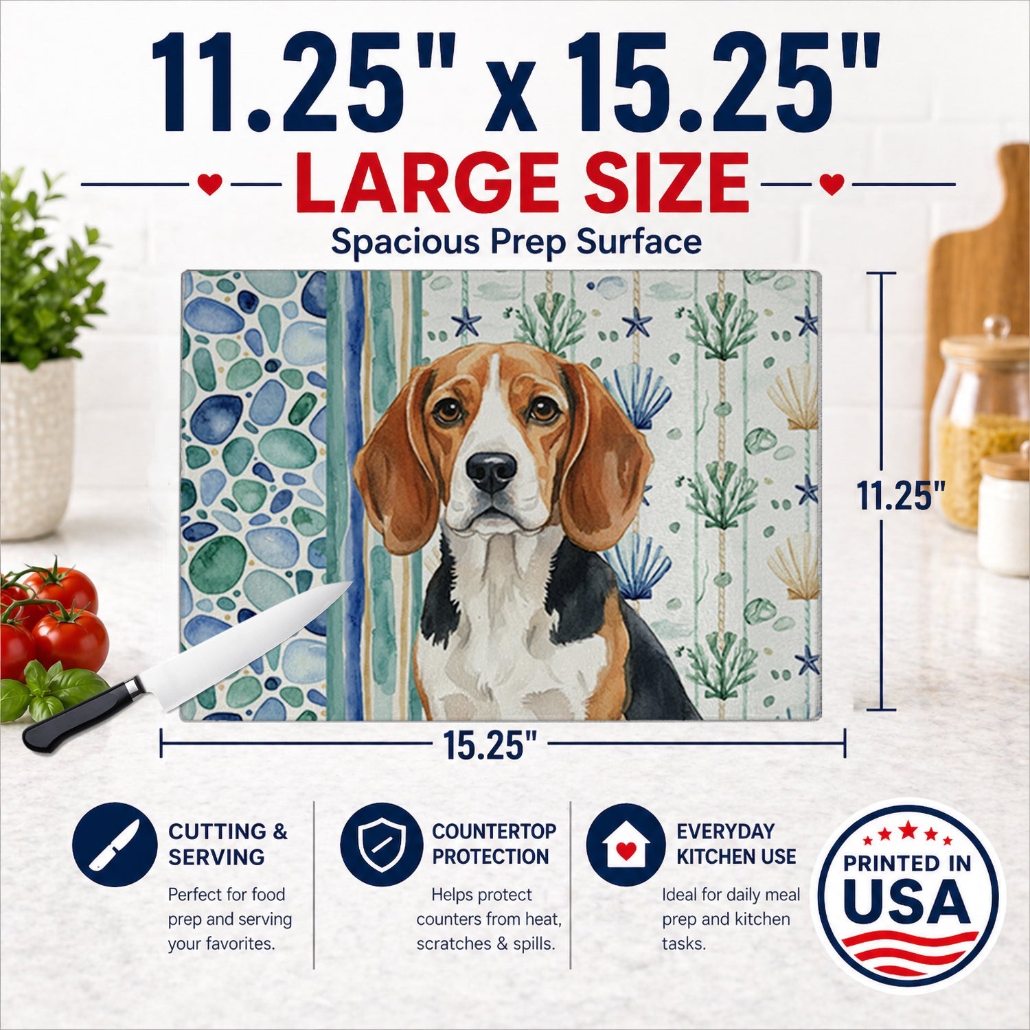 Beagle Coastal Sea Glass Cutting Board Tempered Glass Kitchen Cutting Surface, Heat Resistant Chopping, Non-Slip Feet, Food Prep & Serving