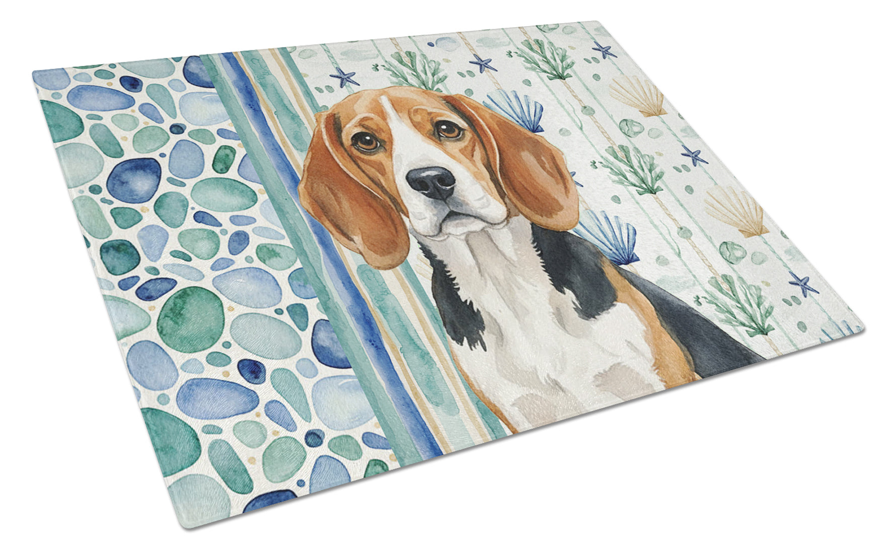 Beagle Coastal Sea Glass Cutting Board Tempered Glass Kitchen Cutting Surface, Heat Resistant Chopping, Non-Slip Feet, Food Prep & Serving