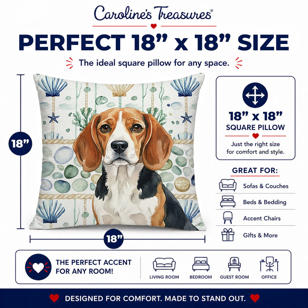 Beagle Coastal Sea Glass Decorative Throw Pillow 18x18 Indoor Outdoor Accent Cushion, Fabric Cover with Insert for Sofa, Bed, Porch & Living Room