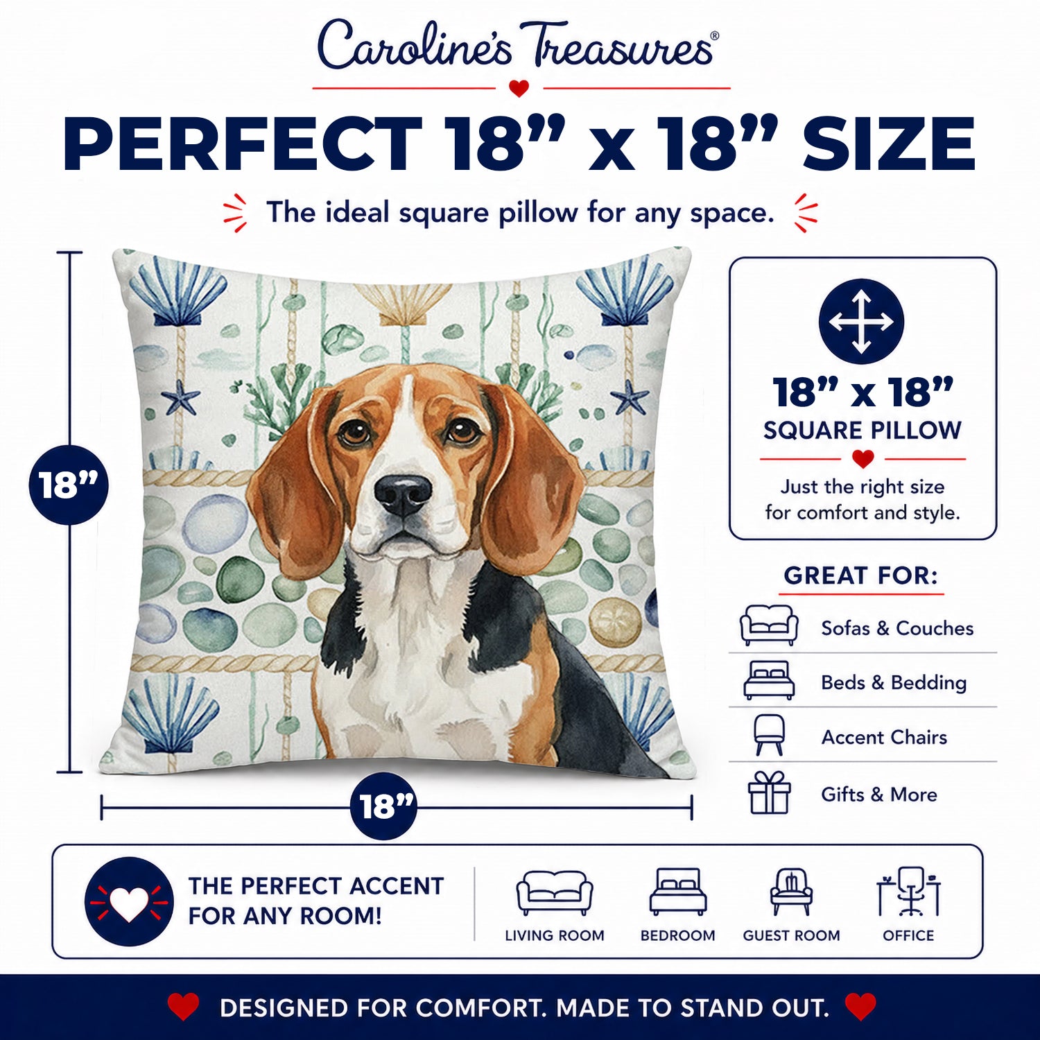 Beagle Coastal Sea Glass Decorative Throw Pillow 18x18 Indoor Outdoor Accent Cushion, Fabric Cover with Insert for Sofa, Bed, Porch & Living Room