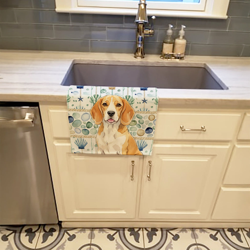 Lemon and White Beagle Coastal Sea Glass Kitchen Towel Velour Plush Front and Cotton Loop Back Machine Washable